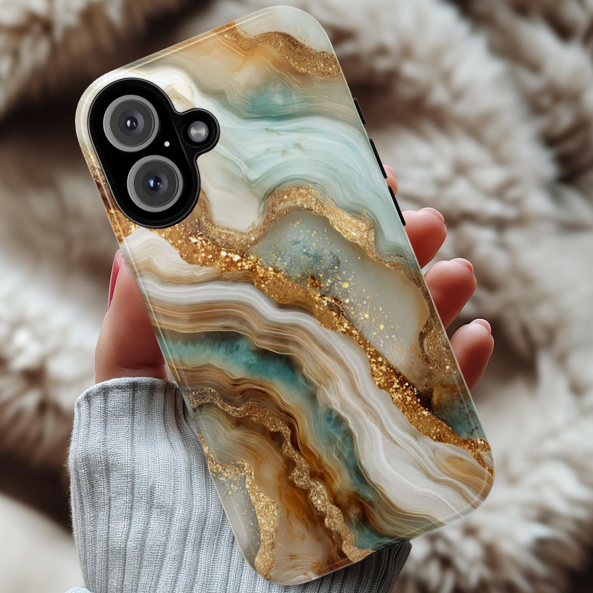 3D Marble Agate Phone Case, Luxury Gold & Mint Stone Cover, Stylish Gemstone Design for iPhone 17 16 15 Tough or Magsafe, Samsung, 479.10