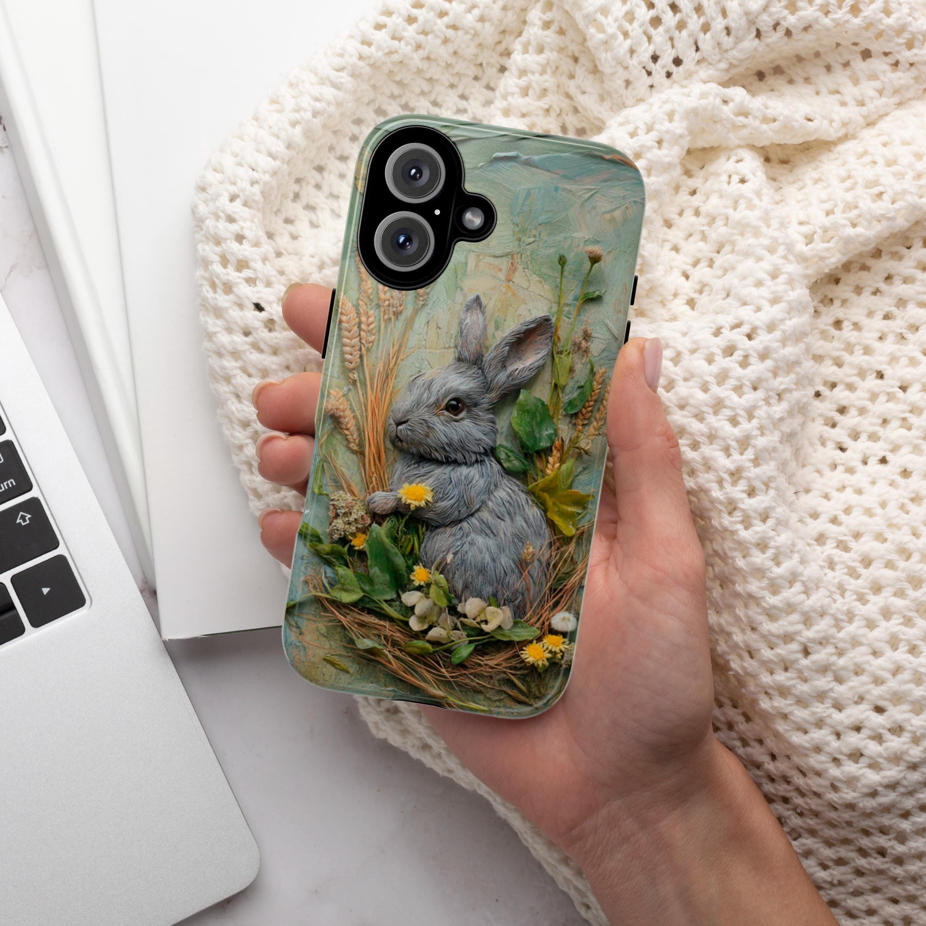 Spring Bunny Phone Case, 3D Floral Design, Easter-Inspired Phone Case for iPhone 16, 15, 14, 13 Magsafe, Samsung Galaxy S24, Pixel 9, 464.1