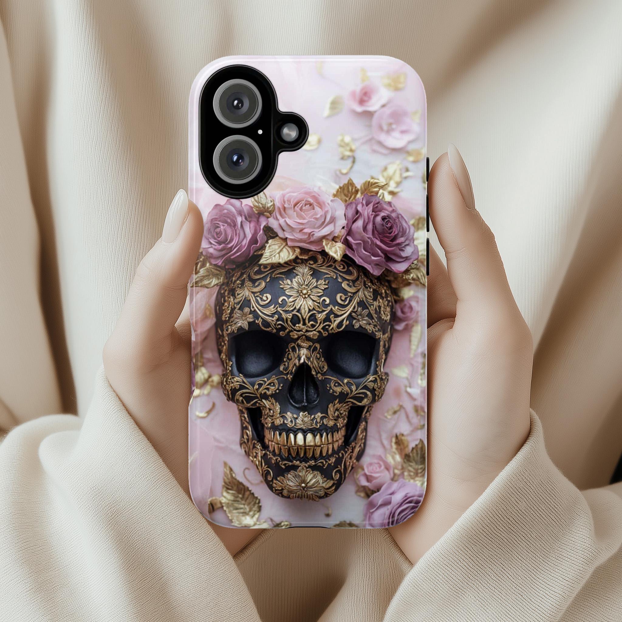 Dark Gothic Skull & Floral Phone Case, Fantasy Art Design, Pink Roses Cover Tough or Magsafe Phone Case for iPhone 16, Samsung S25, 465.21