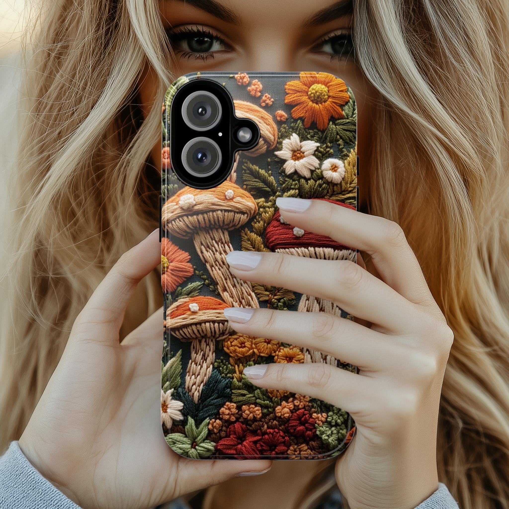Embroidered Autumn Mushrooms Phone Case, Fall Forest MagSafe for iPhone 16 15 14 13 12 Pro Max Plus, Samsung S24 Ultra, Pixel 8, 453.4