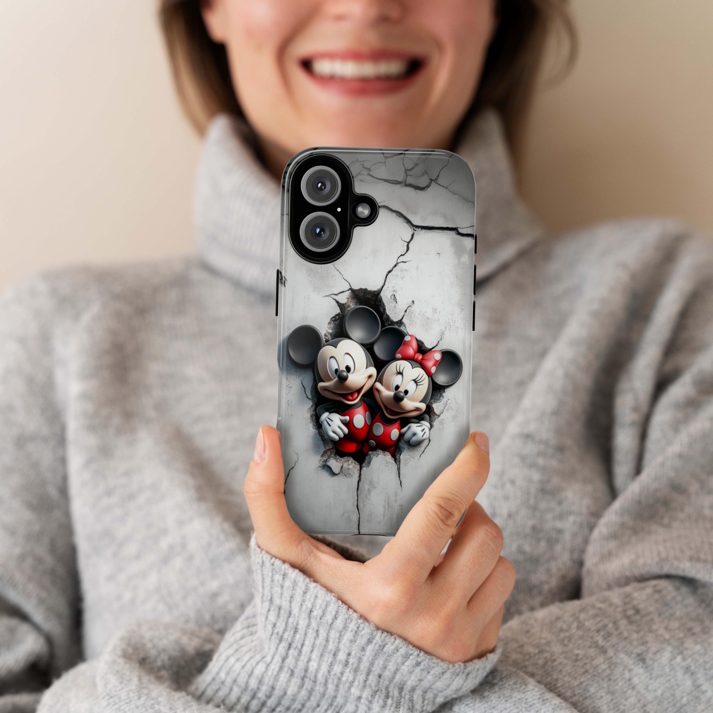 Mickey & Minnie 3D effect Phone Case, Mickey Lovers Gift, Disney Fan Phone Case for iPhone 16 15 14 Magsafe, Samsung S25, 442.4