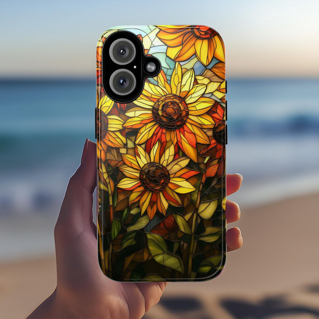 Stained Glass Vibrant Sunflowers Phone Case, Sunflower Field Phone Cover for iPhone 16 15 14 13 Pro Magsafe Samsung Galaxy S24, 418.18