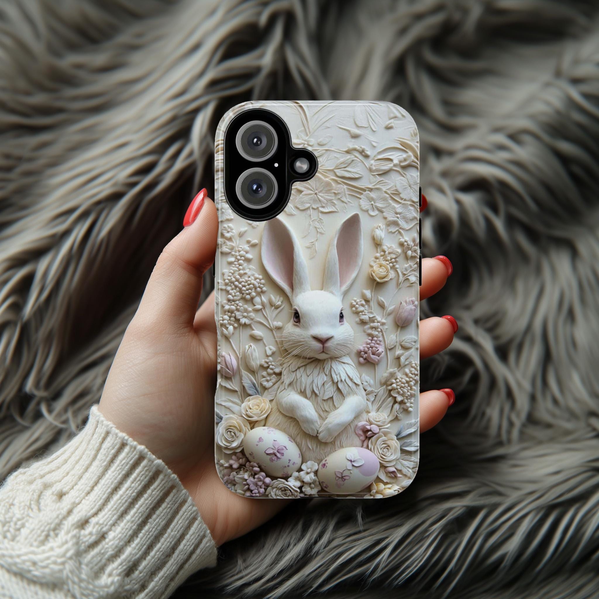 3D Easter White Bunny & Egges Phone Case, Spring Design, Cute Pastel Easter Rabbit Case for iPhone 16 15 14 13 Magsafe, Samsung S25, 464.2
