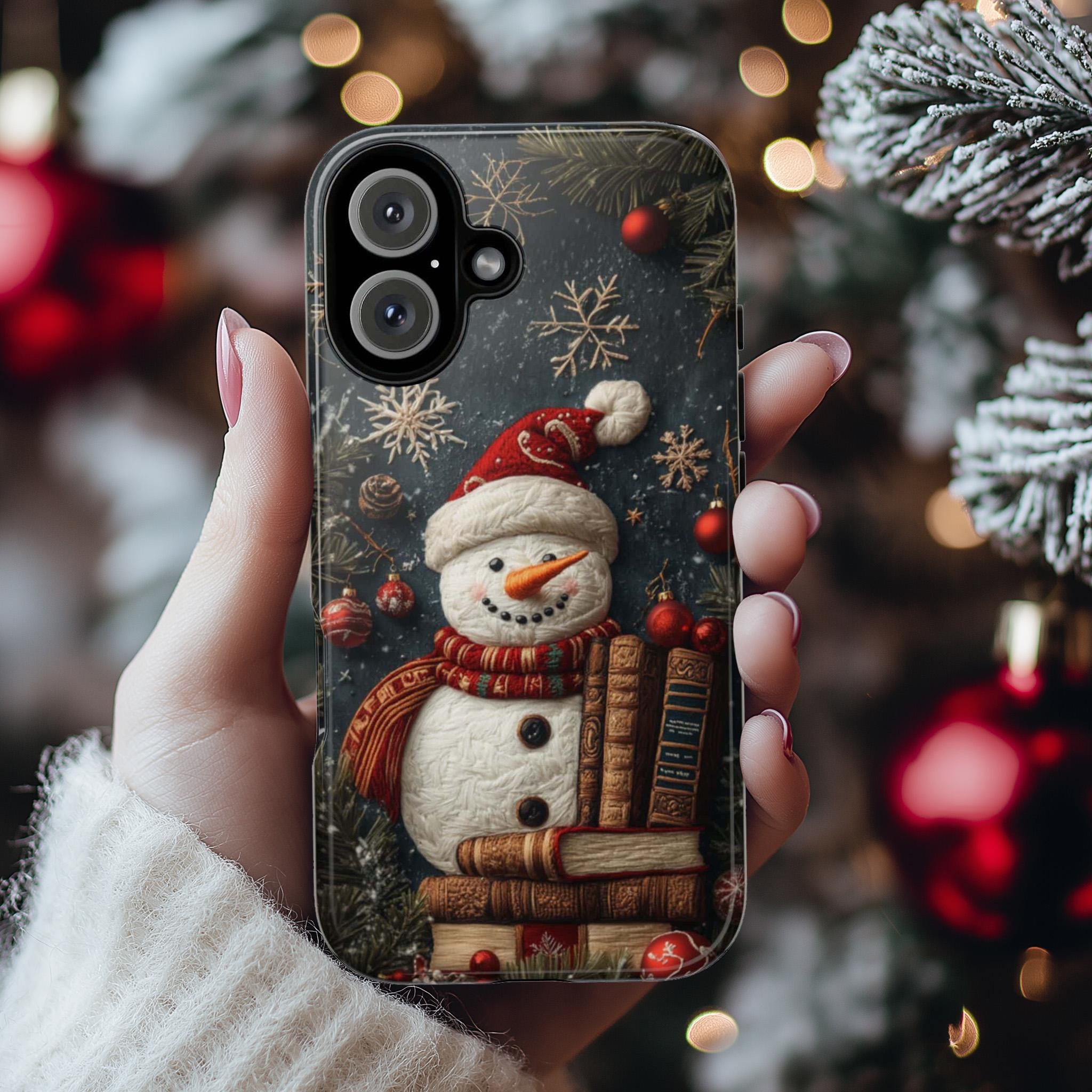 Christmas Snowman and Books Embroidered effect - Winter Xmas Holiday Library,  for iPhone 16 15 14 13 Magsafe Plus, Samsung S24, 444.6