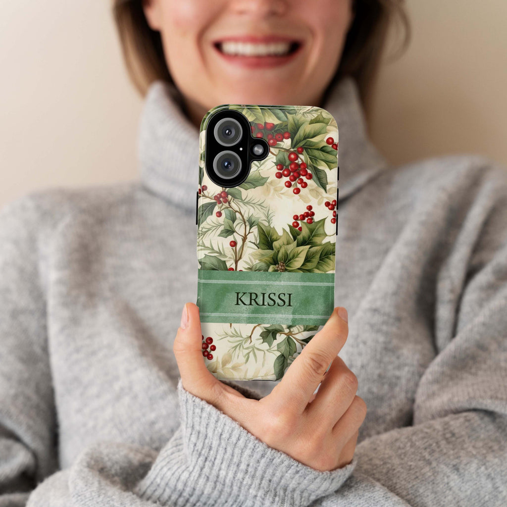 Personalized Xmas Phone Case Holiday Holly Phone Case, Custom Winter Phone Cover for iPhone 16 15 14 13  Pro Max Plus/Samsung S25, 107.2