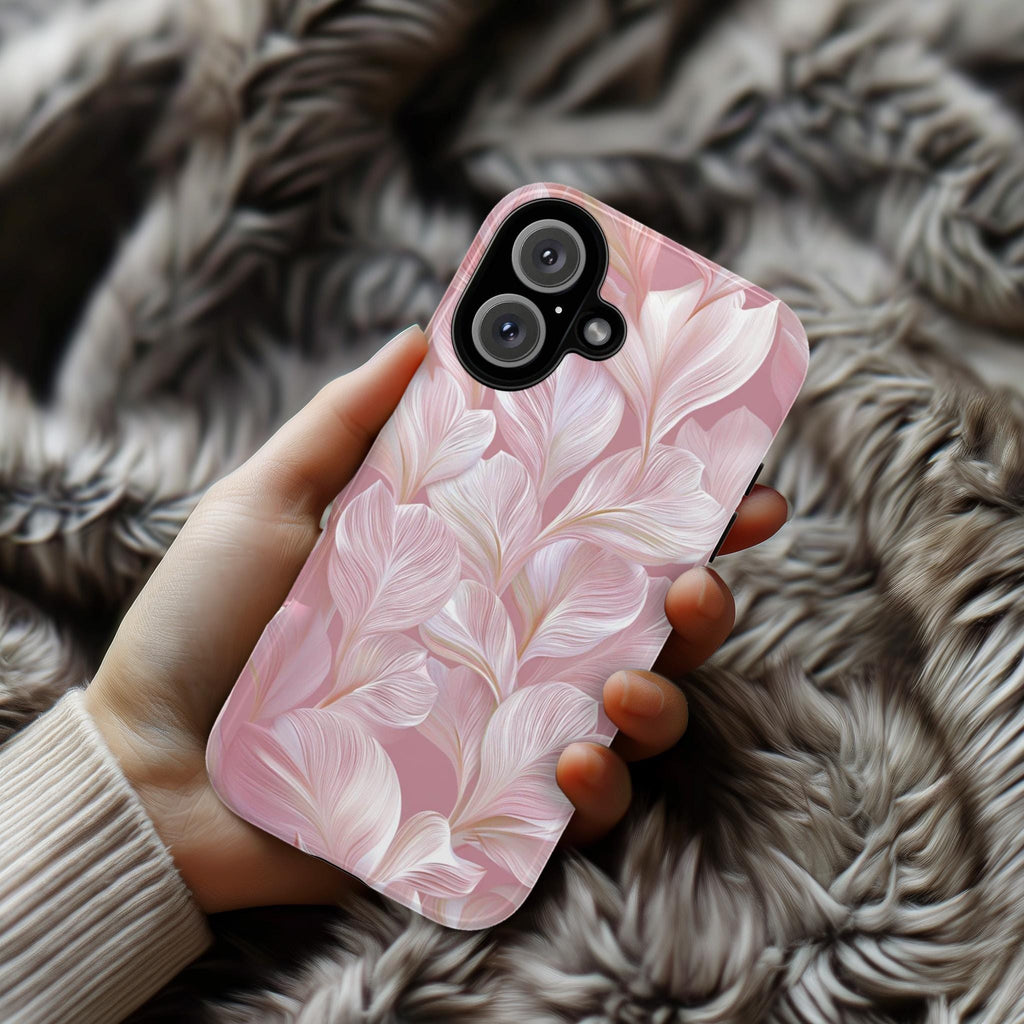 Elegant 3D Pastel Leaves Phone Case in Pale Pink | Stylish Nature Floral Phone Cover for iPhone 16 15 Tough or Magsafe, Samsung, 476.35