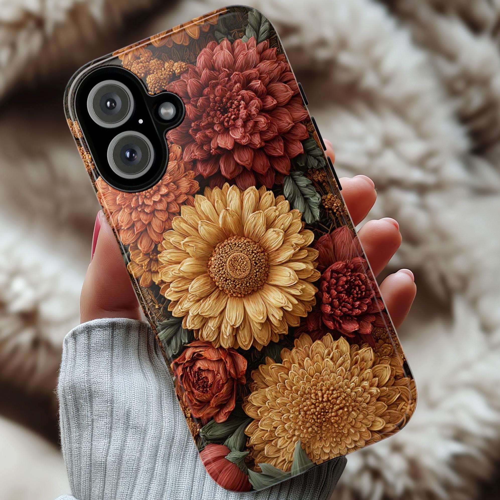Autumn Chrysanthemum Phone Case in Soft Pastel Colors | Elegant Fall Floral Cover for iPhone 16 15 Tough or Magsafe, Samsung, 476.33