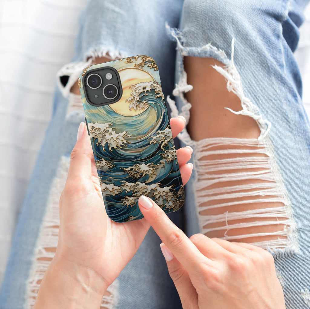 Ocean Waves & Sun Rays Stained Glass Design Illusion Print Tough Phone Case For iPhone 16 15 14 13 Tough or Magsafe, Galaxy S25, Pixel, 343