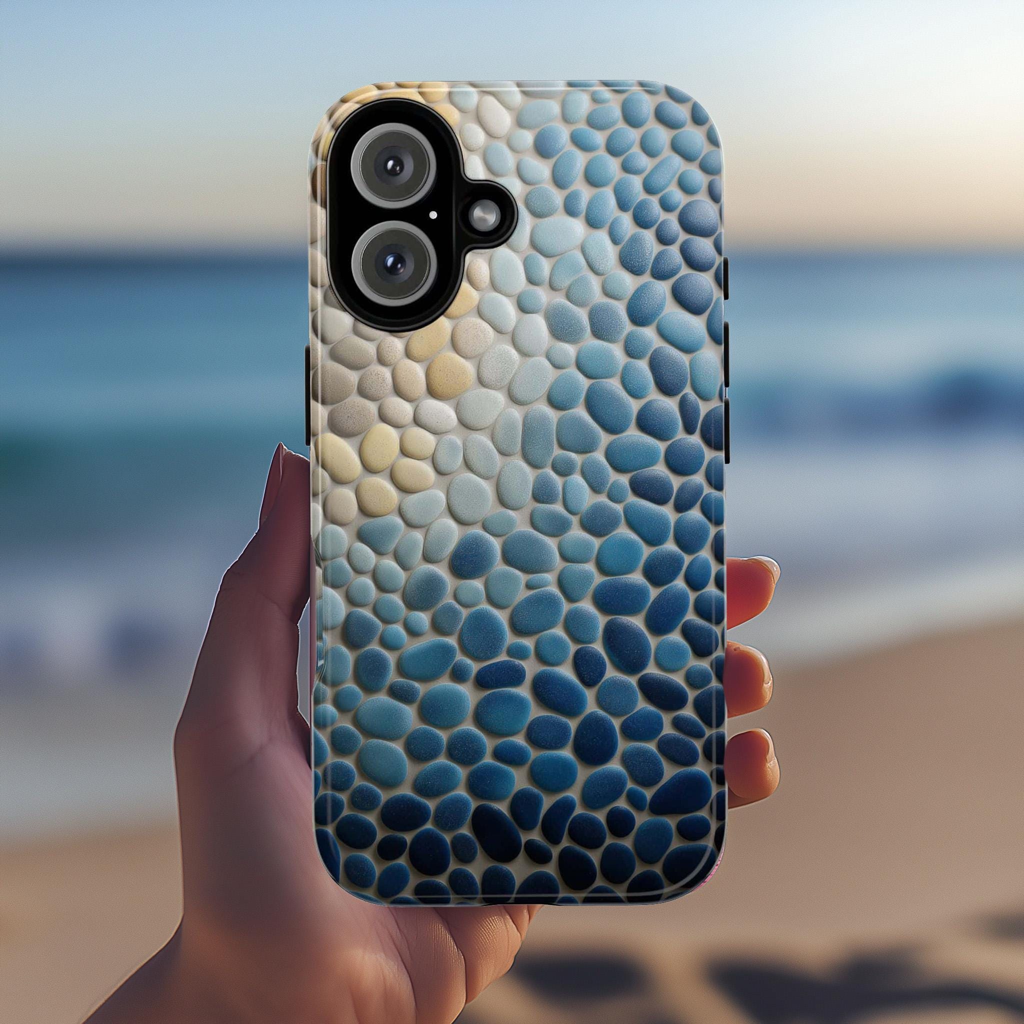 3D Textured Ocean Pebble Phone Case, Coastal Nature Cover, Natural Stones Case for iPhone 16 15 14 13 Tough or Magsafe, Samsung, 466.9
