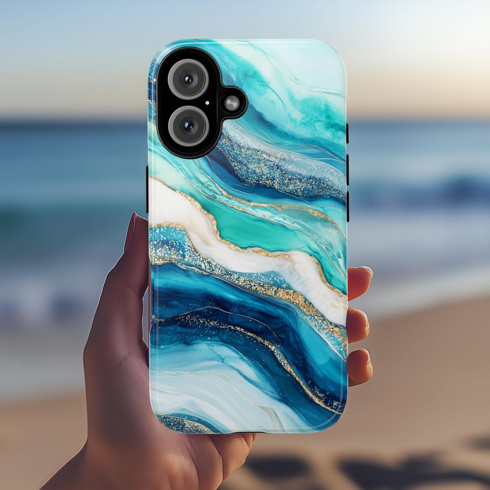 Turquoise White Agate Phone Case with Cracked Stone Texture | Elegant Gemstone Cover for iPhone 16 15 Tough or Magsafe, Samsung, 479.4