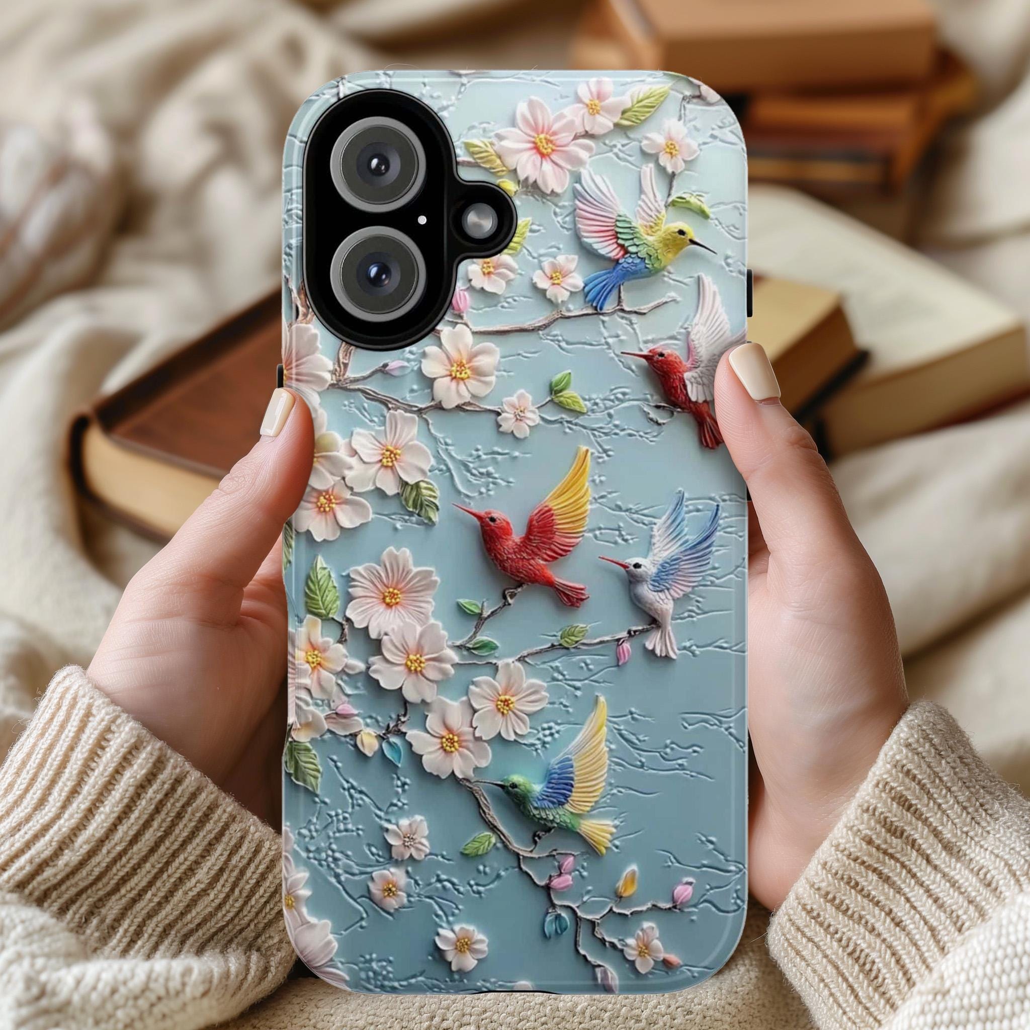 Colorful Hummingbird & Cherry Blossom Phone Case, Spring 3D Floral Design for iPhone 16, 15, 14, 13 Magsafe, Samsung S24, Pixel 9, 419.5