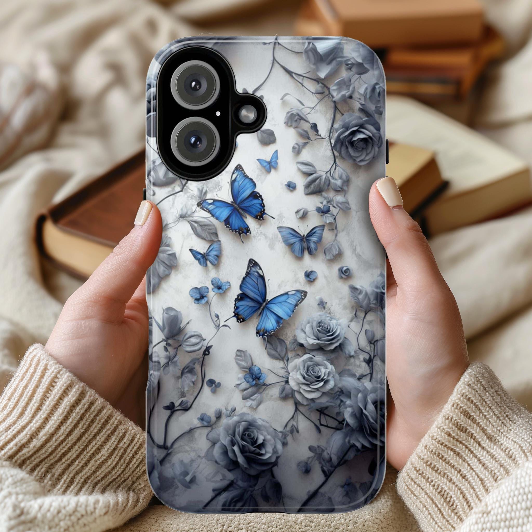 3D Blue Butterflies and Gray Rose Phone Case, Art Floral Butterfly Phone Cover for iPhone 16, 15, 14, 13 Magsafe & Samsung, Pixel, 422.10