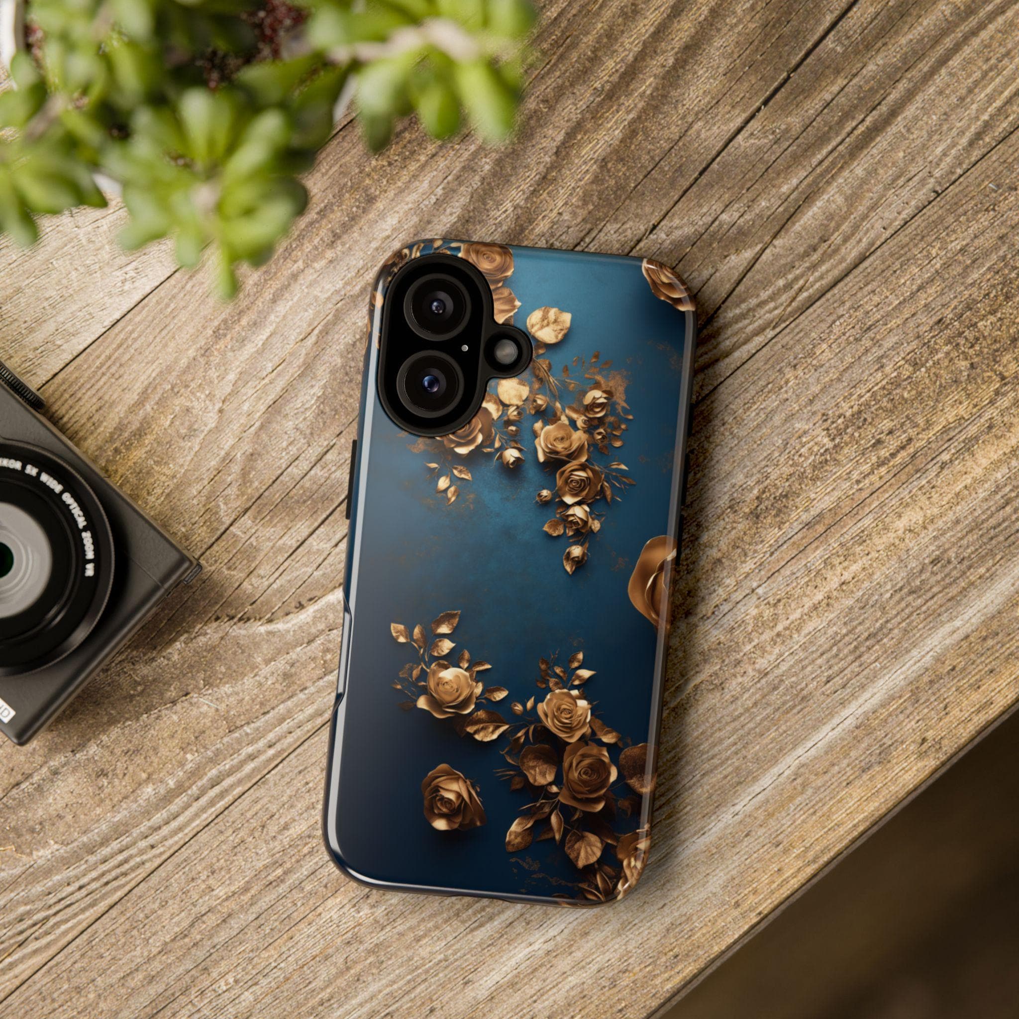 3D Golden Roses Elegant Blue Background Phone Case | Aeasthetic Design for iPhone 16 Pro Max 15 14 13 Mag Safe, Samsung S25 Ultra, 428.8