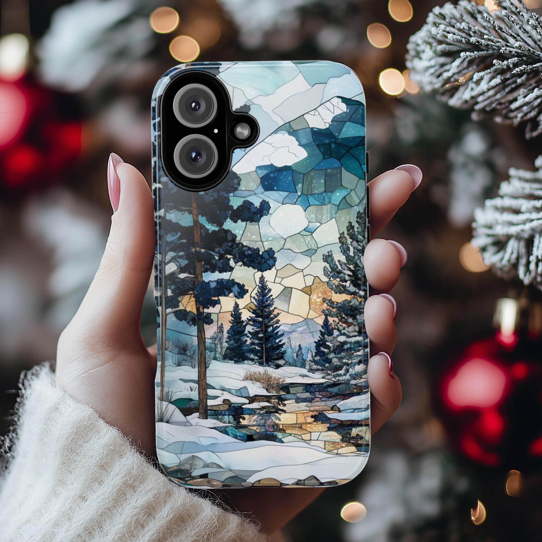 3D Winter Landscape Stained Glass Design Phone Case, Winter Forest Phone Cover for iPhone 15 14 13 12 11 8 Pro Max Plus, Samsung S25, 420.3