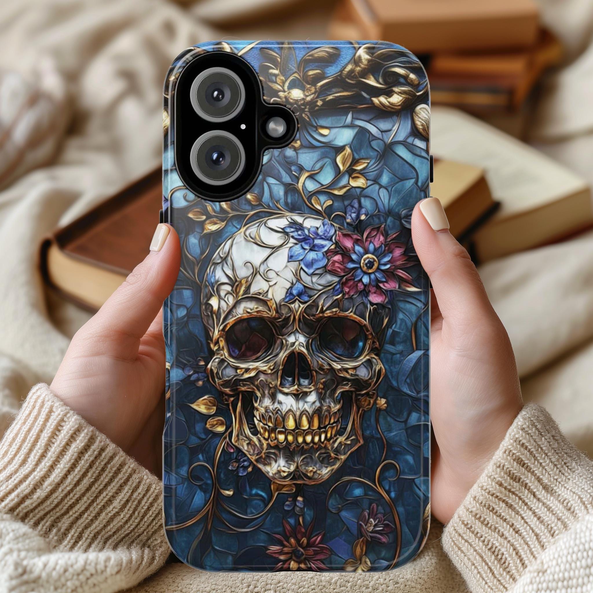 Stained Glass Dark Gothic Skull & Floral Phone Case, Dia de los Muertos Art Design Tough or Magsafe Phone Case for iPhone 16, Samsung, 465.5