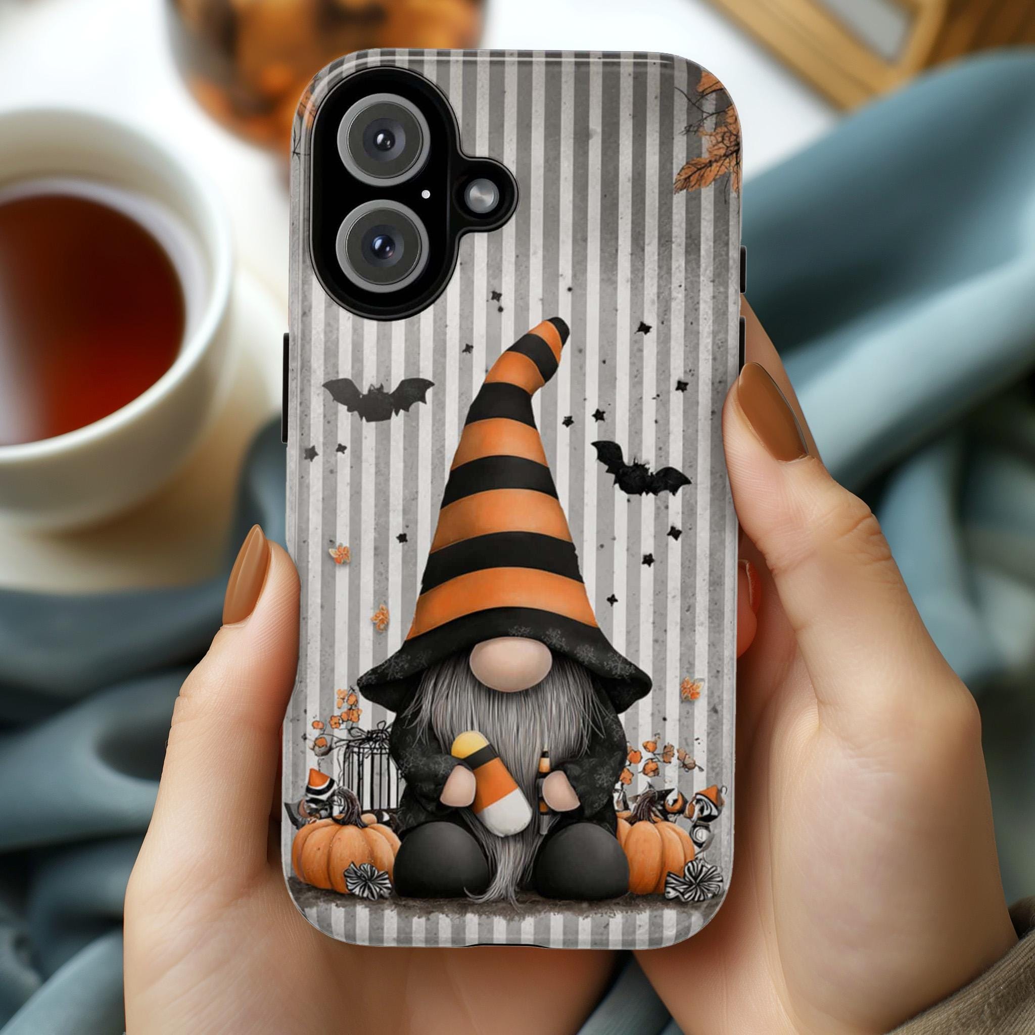 Cozy Fall Gnome Phone Case, Halloween Design Phone Case, Autumn Pumpkins & Bats Cover for iPhone 17 16 15 Tough or Magsafe, Samsung, 480.3