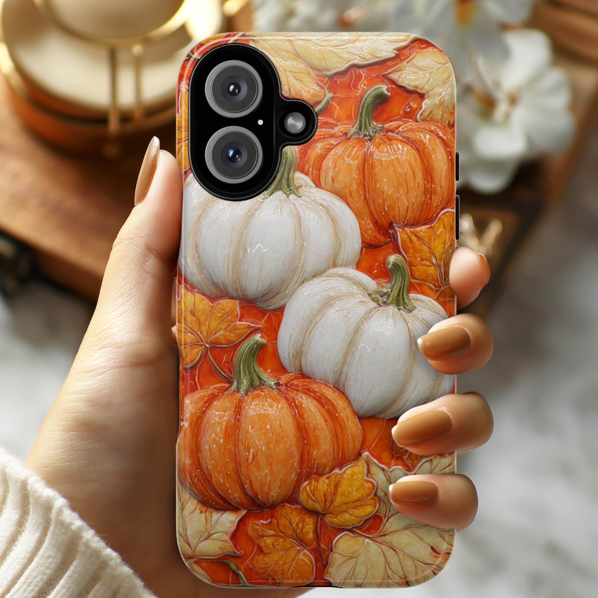 3D Autumn Pumpkin Phone Case, Orange Fall Lovers Phone Case, Festive Seasonal Cover for iPhone 16 15 14 Tough or Magsafe, Samsung, 475.17