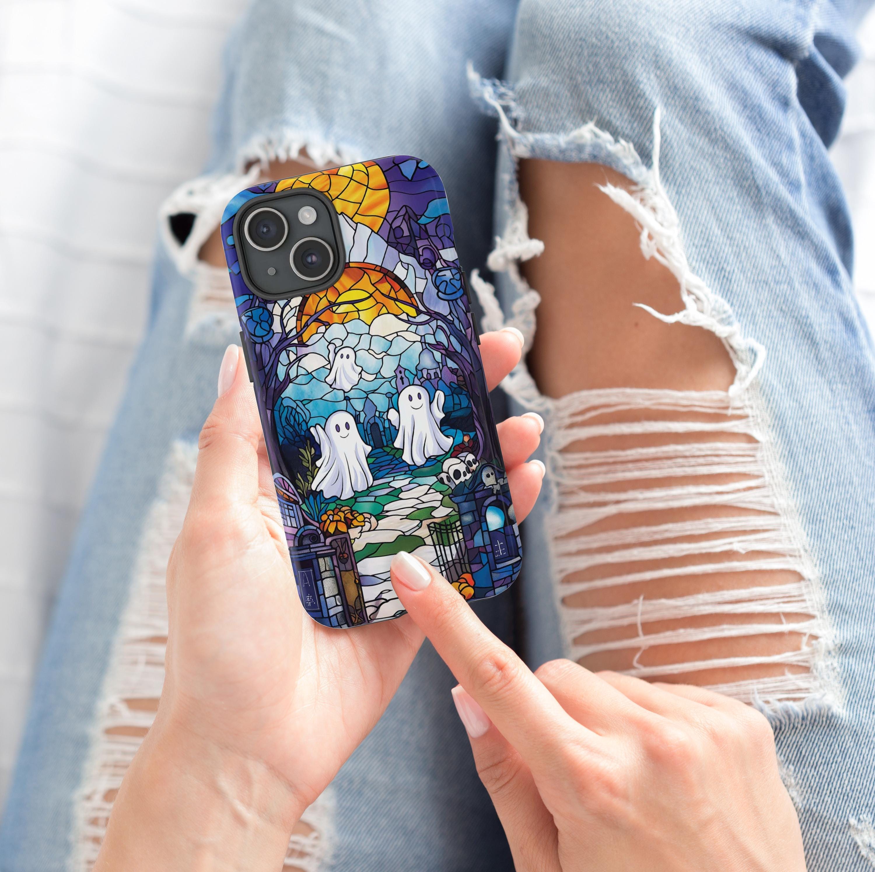 Halloween Phone Case Witchy Ghost Stained Glass Cover Spooky Phone Case for iPhone 16 15 14 13 12 11 Pixel 5 6 7 8 Galaxy S 24 23 22 21 20