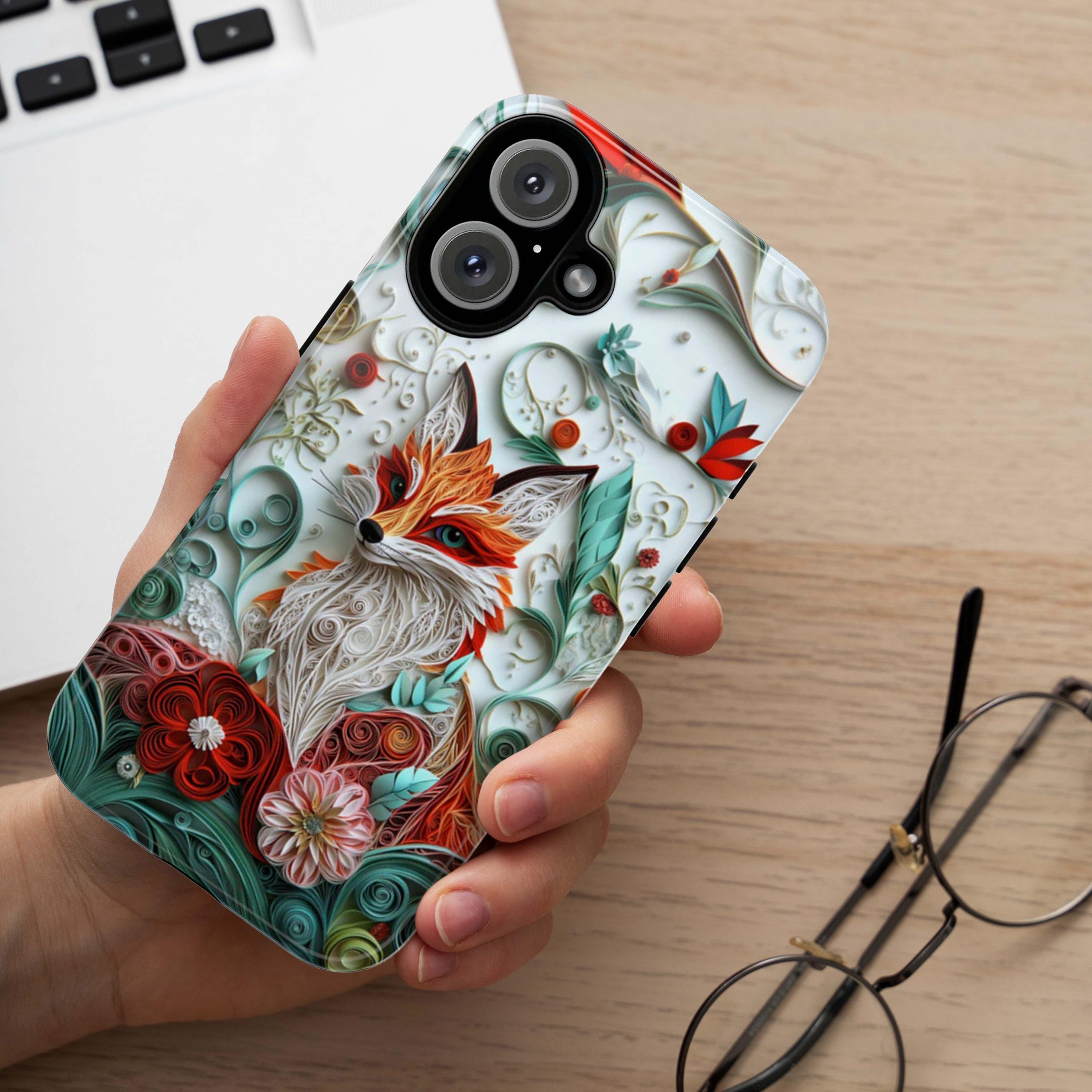 3D Paper Art Fox Phone Case with Floral Design | Nature Woodland Animal Phone Cover for iPhone 17 16 15 Tough or Magsafe, Samsung, 470.19
