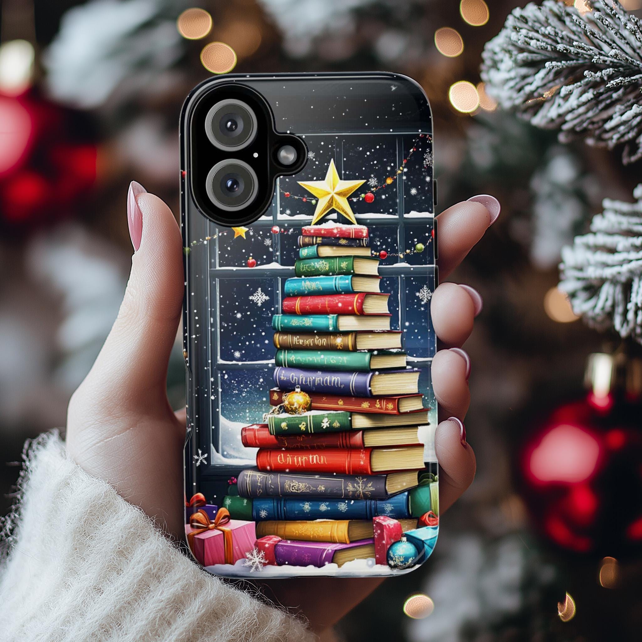 Christmas Tree with Books Holiday Phone Case, Elegant Winter Snowy Scenet Case for iPhone 16 Pro Max 15 14 Plus, Samsung S25, 431.1