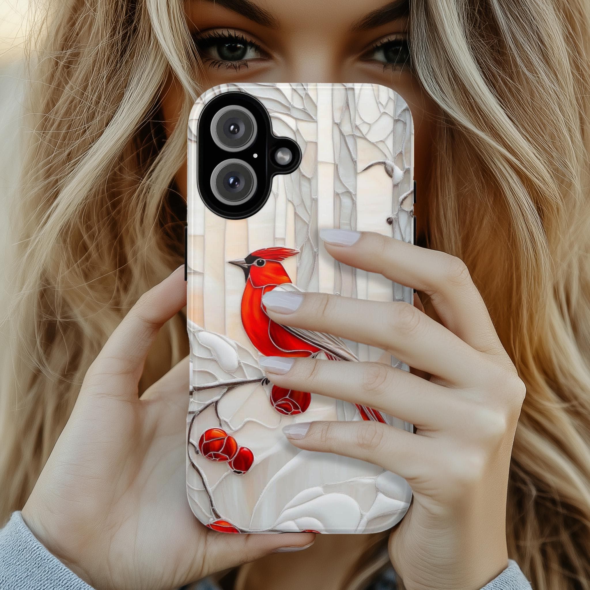 Stained Glass Winter Holiday Phone Case| Red Bird & Floral Design MagSafe for iPhone 16 15 14 13 Pro Max Plus, Samsung S24 Ultra, 420.9