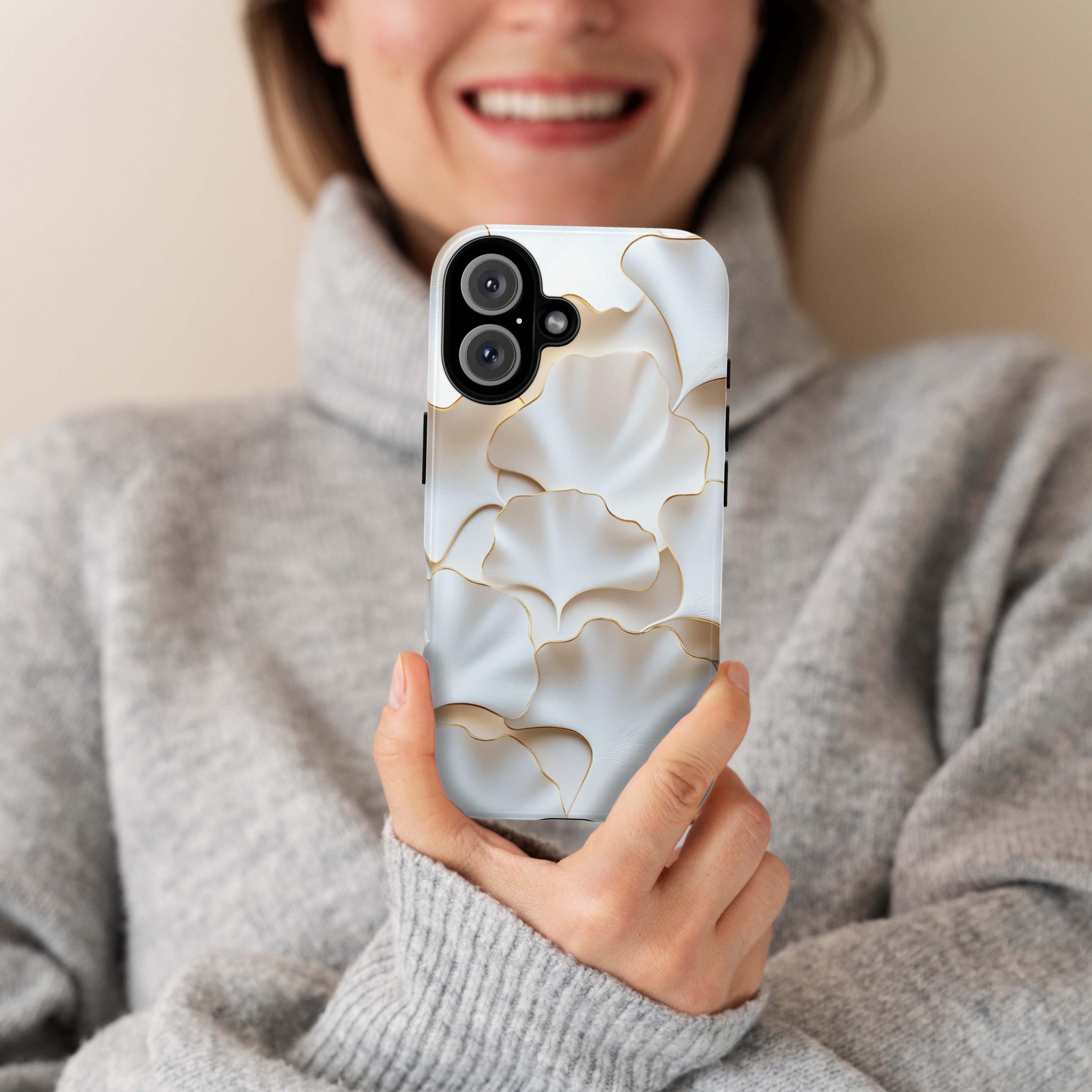 White Ginkgo Leaf Phone Case, 3D Style Gold Edged Design, Botanical Art Case for iPhone 16 15 14 13 Magsafe Pro Max, Samsung S25, 439.61