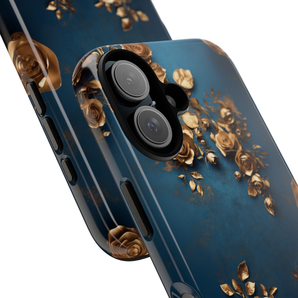 3D Golden Roses Elegant Blue Background Phone Case | Aeasthetic Design for iPhone 16 Pro Max 15 14 13 Mag Safe, Samsung S25 Ultra, 428.8