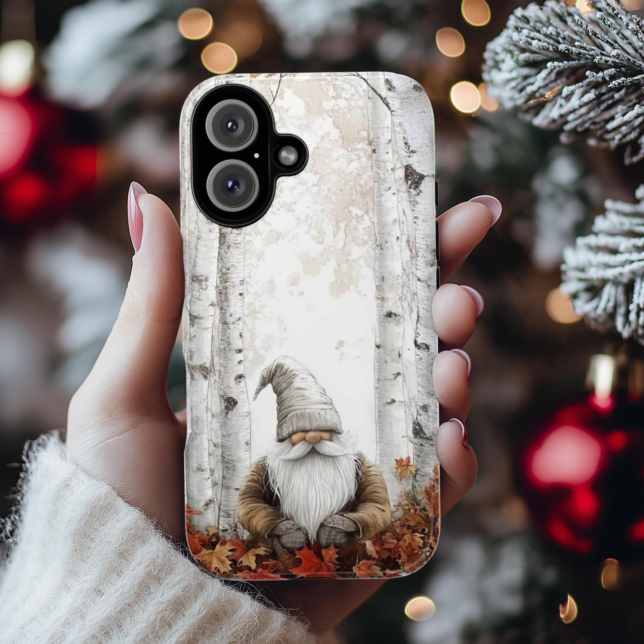 Cozy Festive Holiday Gnome Phone Case, Christmas Gnome & Holly Design for iPhone 15 14 13 12 Pro Max Plus / Samsung S23 S22, 427.3
