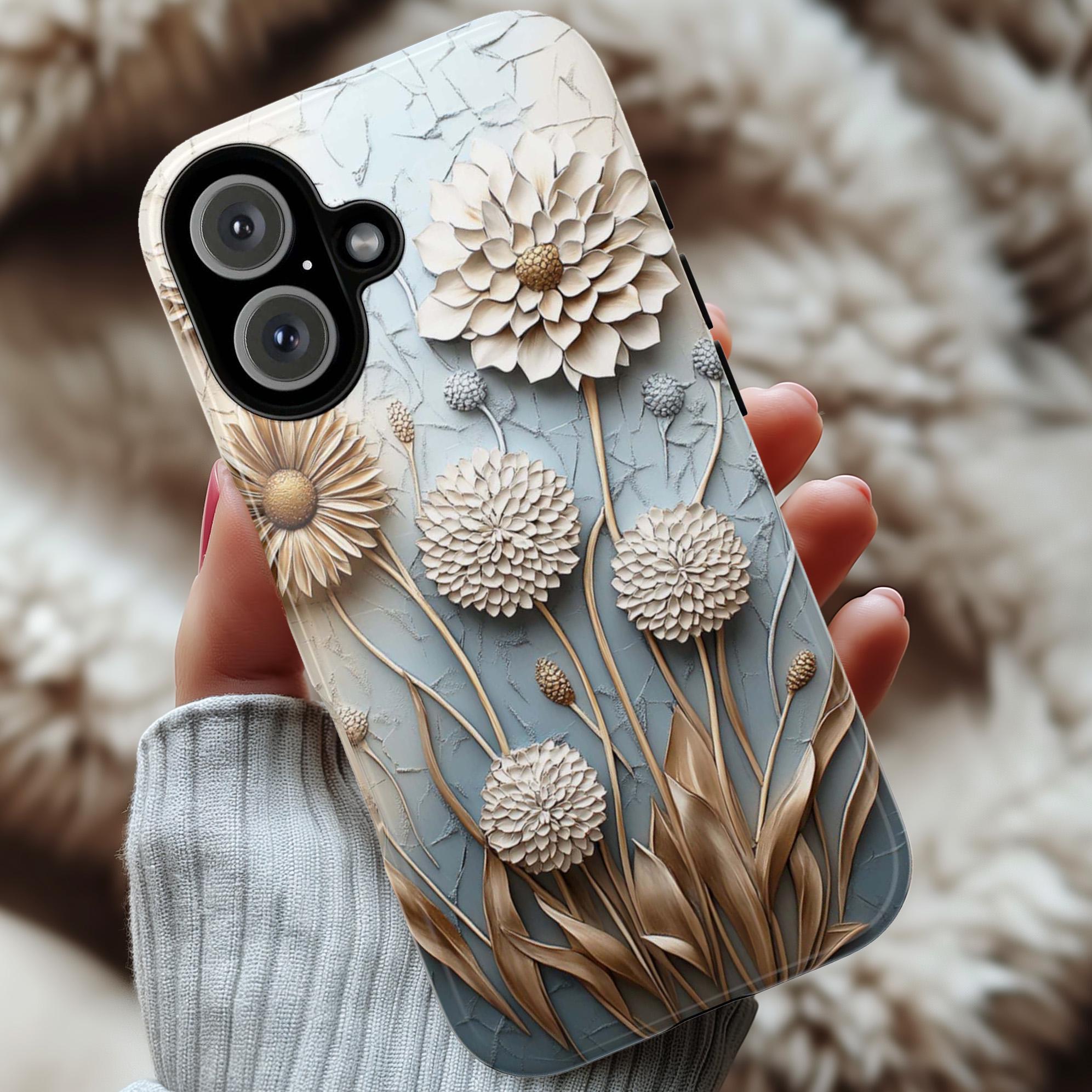 3D Art Pastel Florwers Phone Case, Delicate Floral Dandelion Design Phone Cover for iPhone 16 15 14 13 Magsafe, Samsung S25, 439.35
