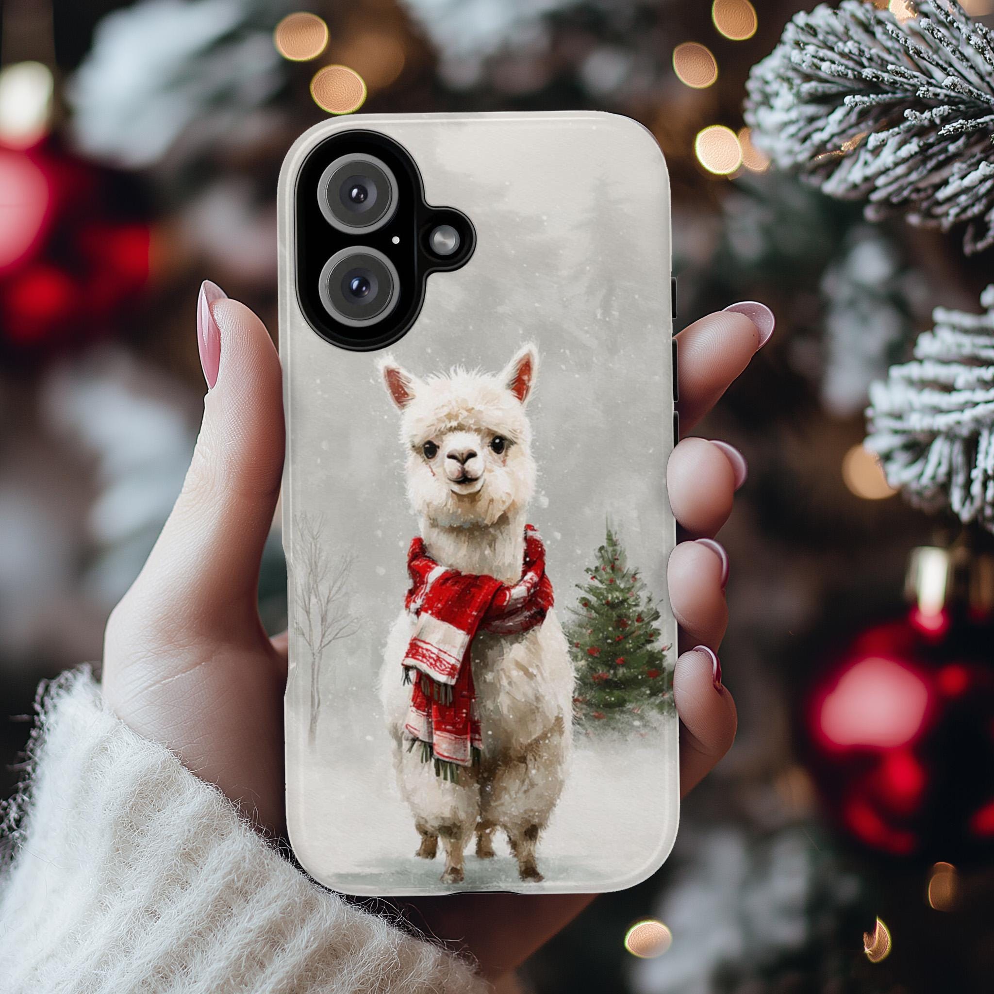 Cute Christmas Alpaca Phone Case with Snowy Winter Design, Funny  Animal Holiday Llama for iPhone 16 15 14 Tough or Magsafe, Samsung, 440.8