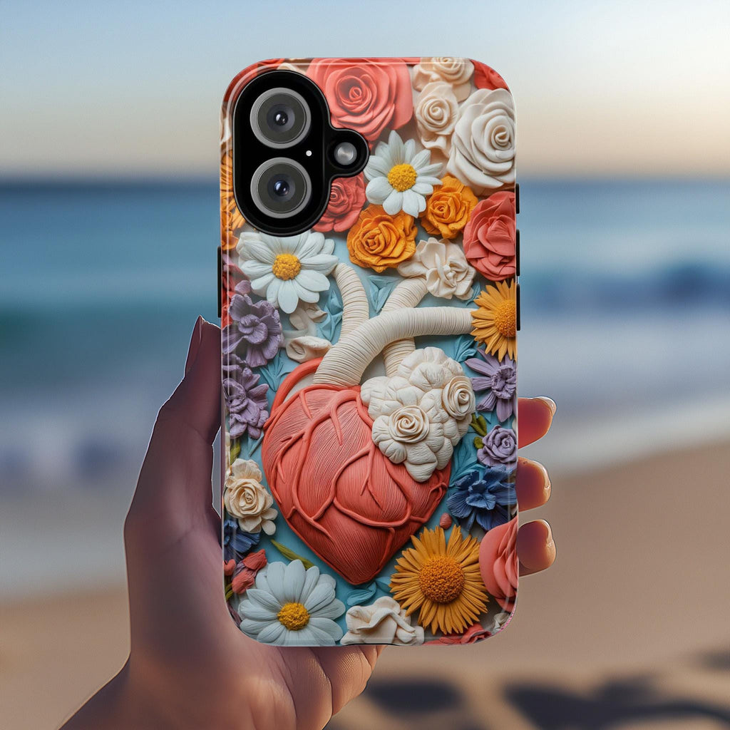 3D Floral Anatomy Heart Phone Case, Anatomical Art Design, Floral Human Cover for iPhone 16 15 14 13 Magsafe or Tough Case, Galaxy, 435.1