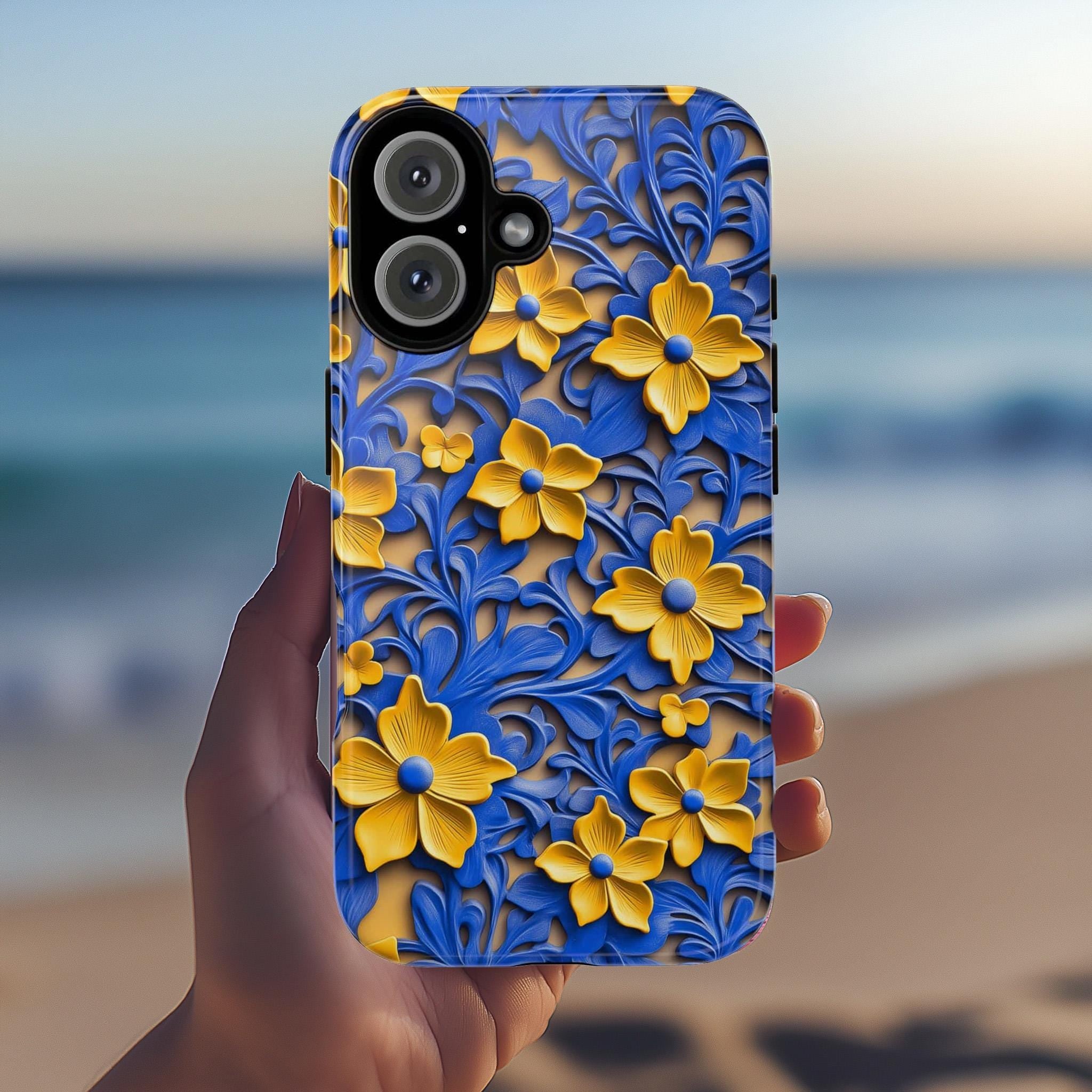 3D Moroccan Floral Blue Yellow Phone Case, Vibrant Colorful Marrakesh Design, Fine Art Phone Case for iPhone 16 15 14 13, Samsung S24, 456.3