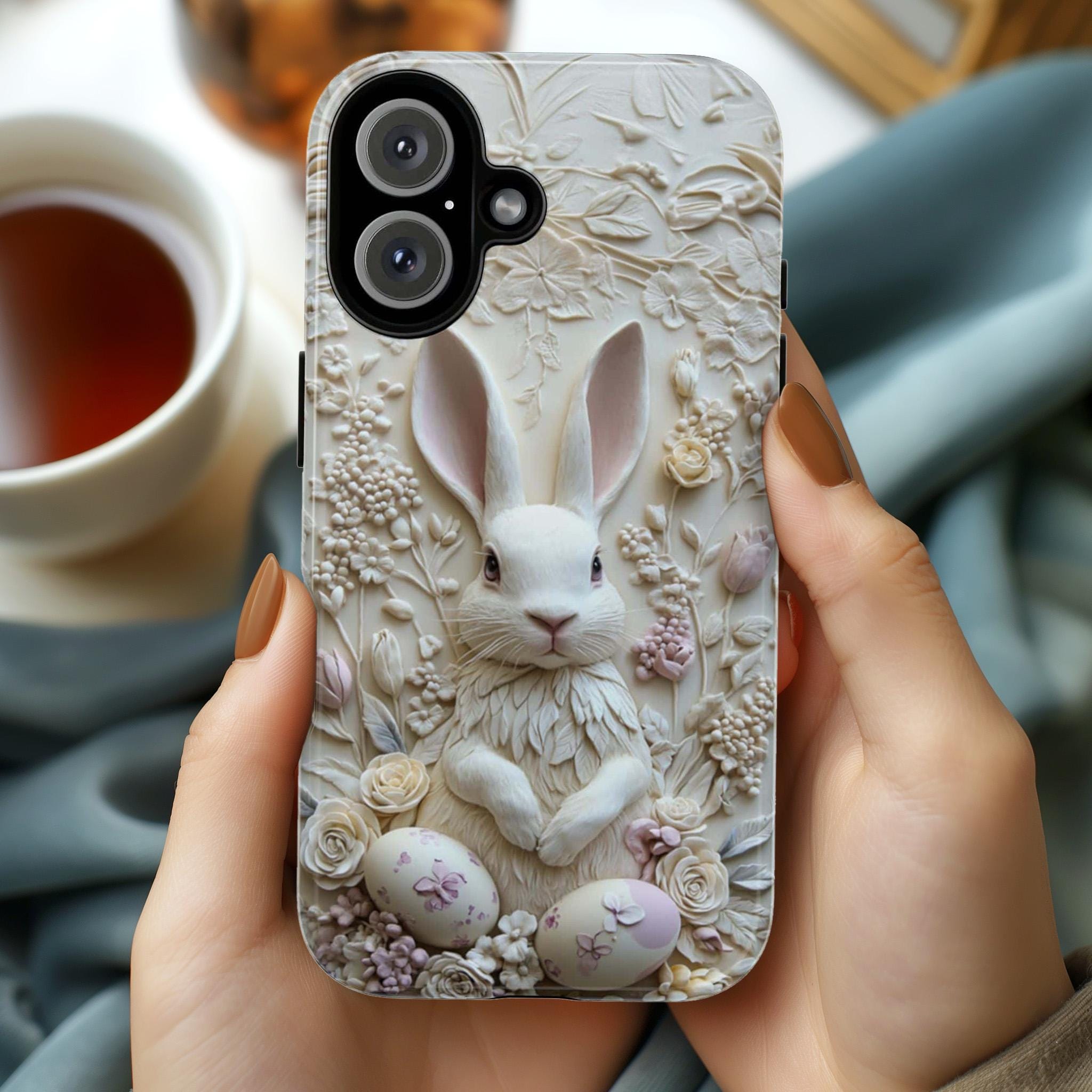 3D Easter White Bunny & Egges Phone Case, Spring Design, Cute Pastel Easter Rabbit Case for iPhone 16 15 14 13 Magsafe, Samsung S25, 464.2