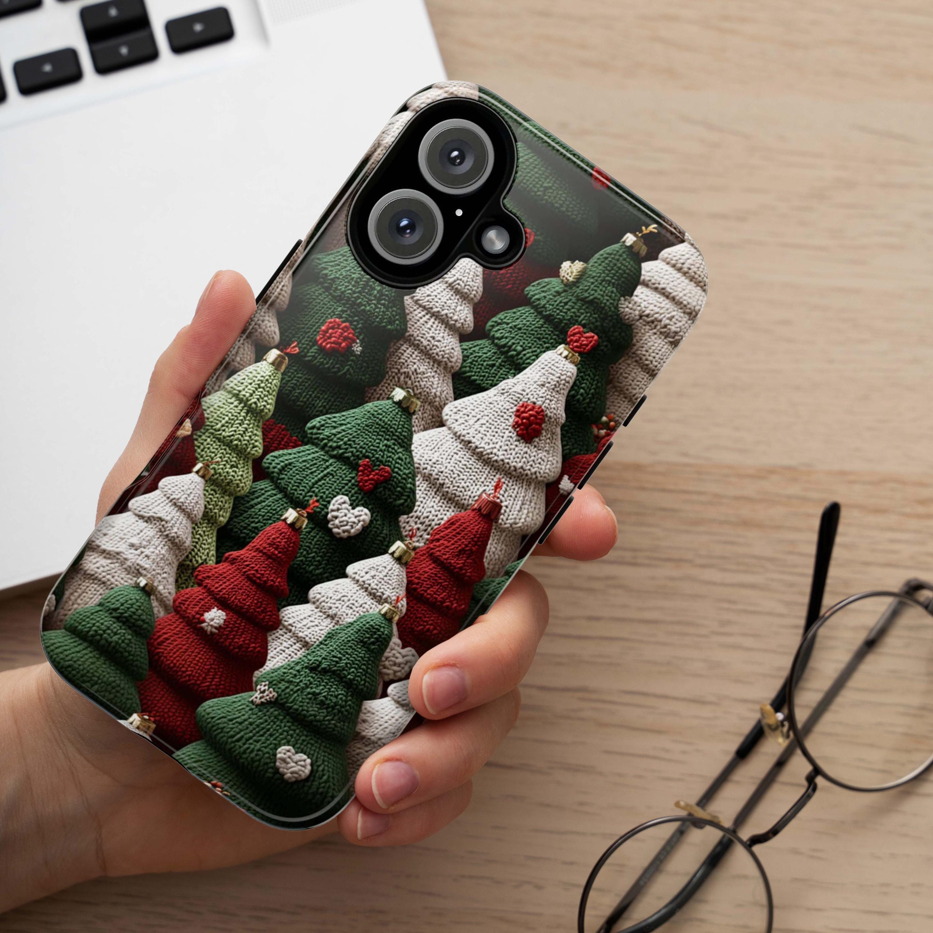 Christmas Tree Red Green White Phone case Knitted effect - Winte Holiday Phone cover for iPhone 16 15 14 13 Magsafe Plus, Samsung S24, 443.1