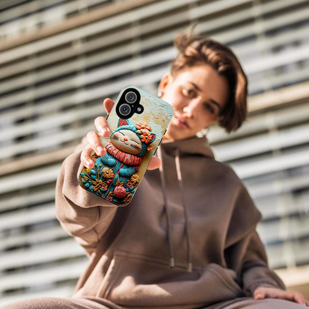 Knitted Colorful Cat & Flowers Phone - 3D effect Phone cover - Cat Lover Case for iPhone 16 15 14 13 Magsafe Plus, Samsung S24, 449.1