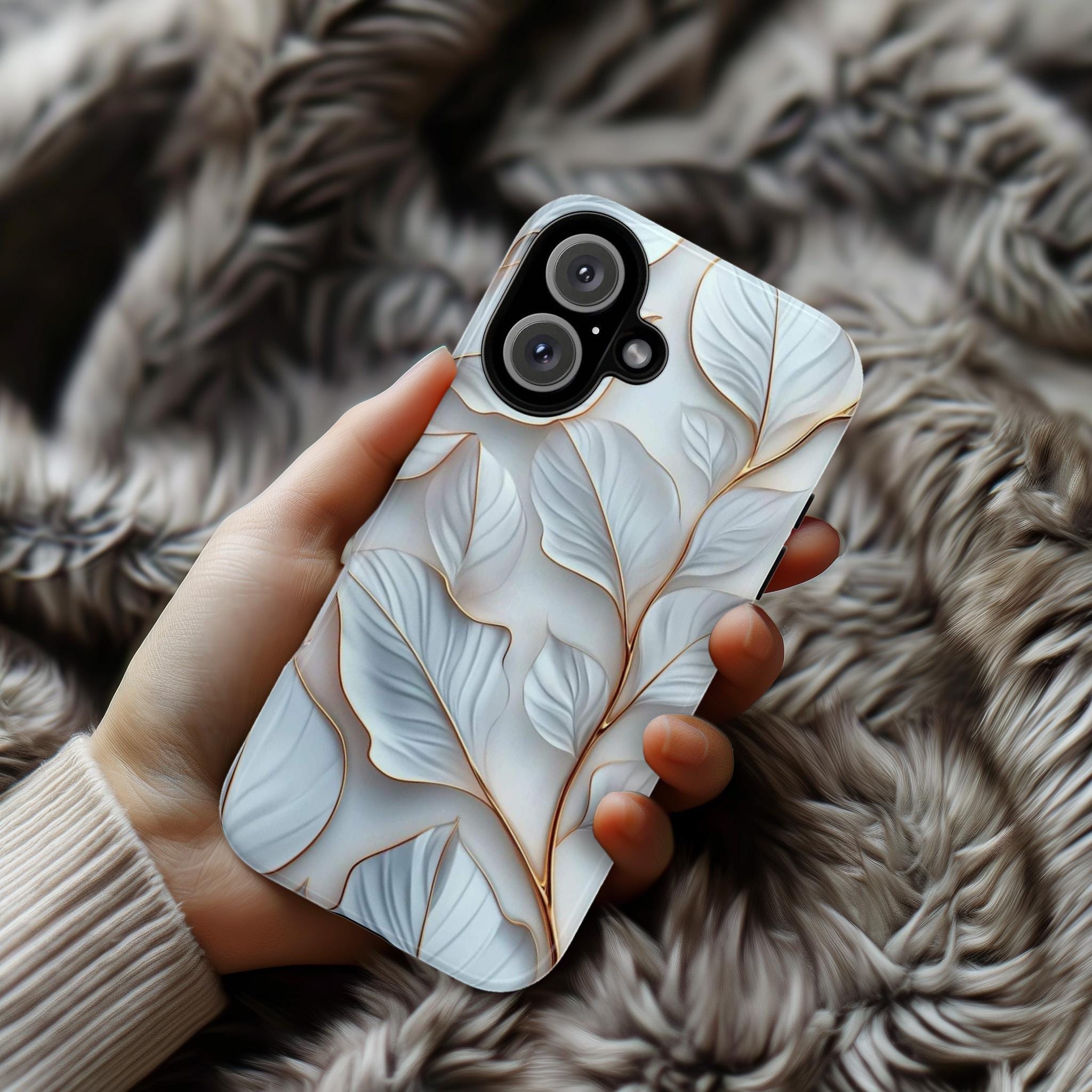 White and Gold Leaves Phone Case, Plant Lover Gift, 3D White Leaf Elegant Case for iPhone 16 15 14 13 Magsafe Pro Max, Samsung S25, 418.28
