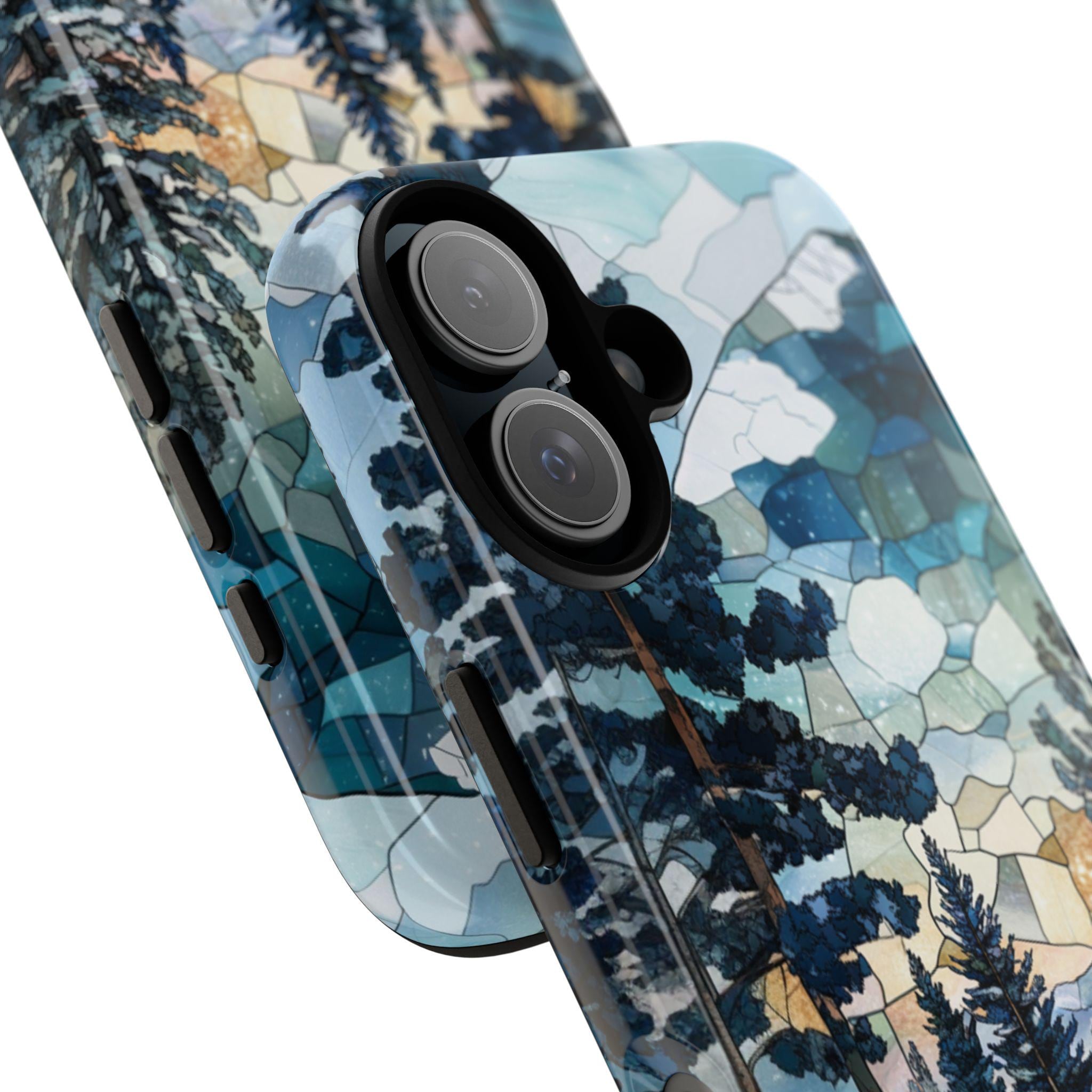 3D Winter Landscape Stained Glass Design Phone Case, Winter Forest Phone Cover for iPhone 15 14 13 12 11 8 Pro Max Plus, Samsung S25, 420.3