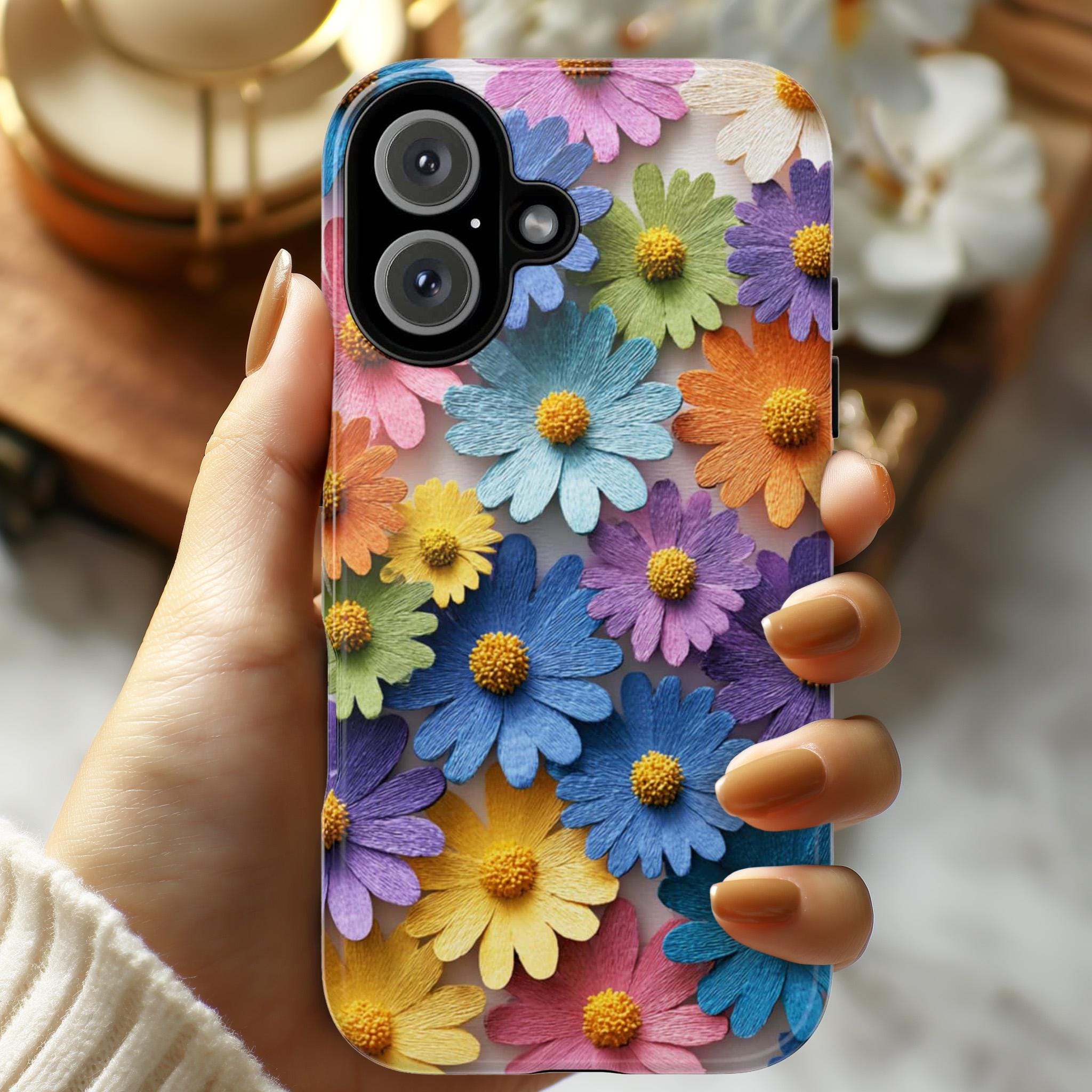 Colorful Daisy Floral 3D effect Phone Case, Paper Art Design Textured 3D Case, Artistic Cover for iPhone Tough or Magsafe, Samsung, 476.14
