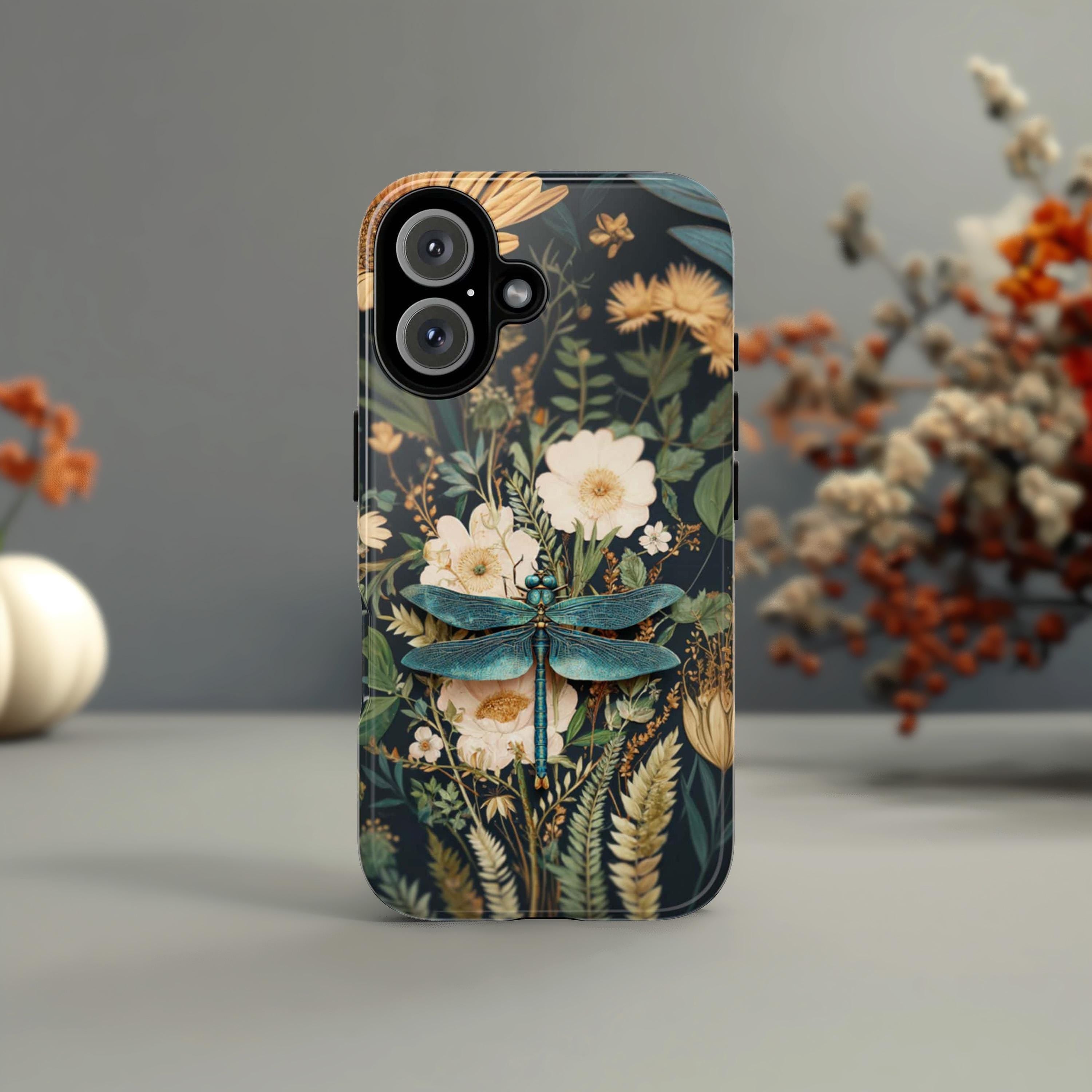 Botanical Dragonfly Phone Case with Greenery Design, Nature Inspired Plant Insect Art Romantic Vintage Cover for iPhone & Samsung, 476.23