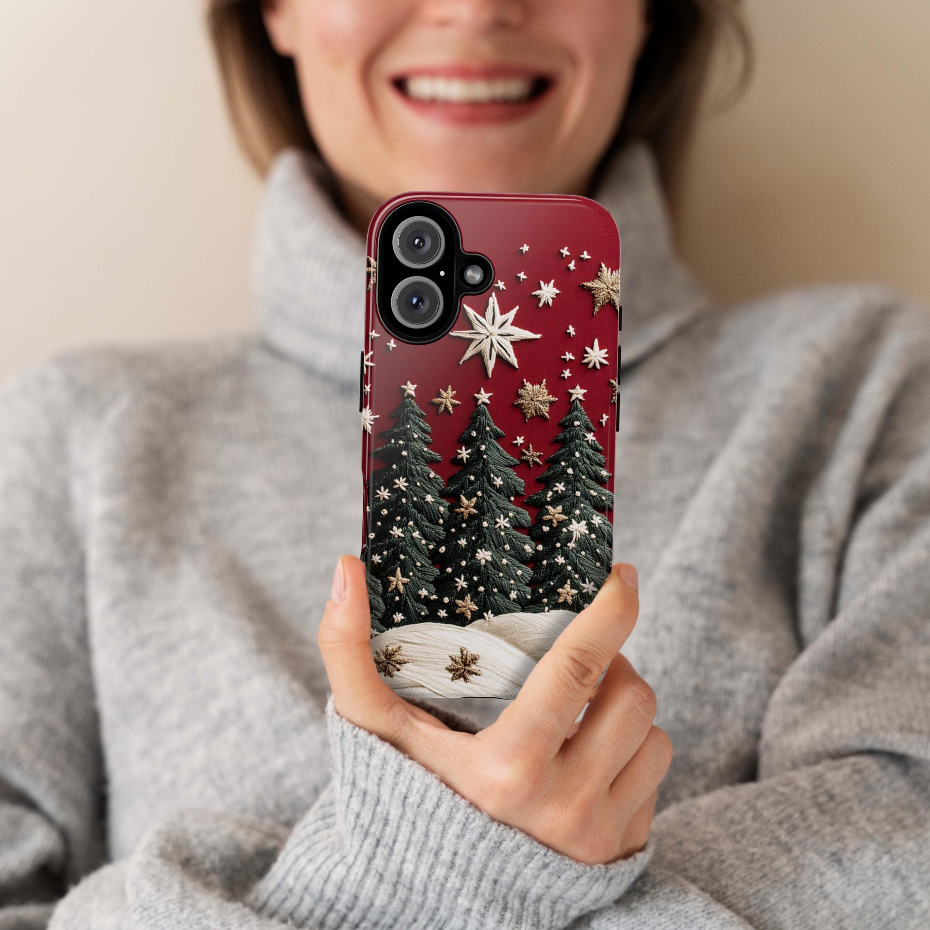 Christmas Tree and Star 3D Embroidered effect Winter Phone Case, Festive Holiday Design,  for iPhone 16 15 14 13 Magsafe, Samsung S25, 444.2