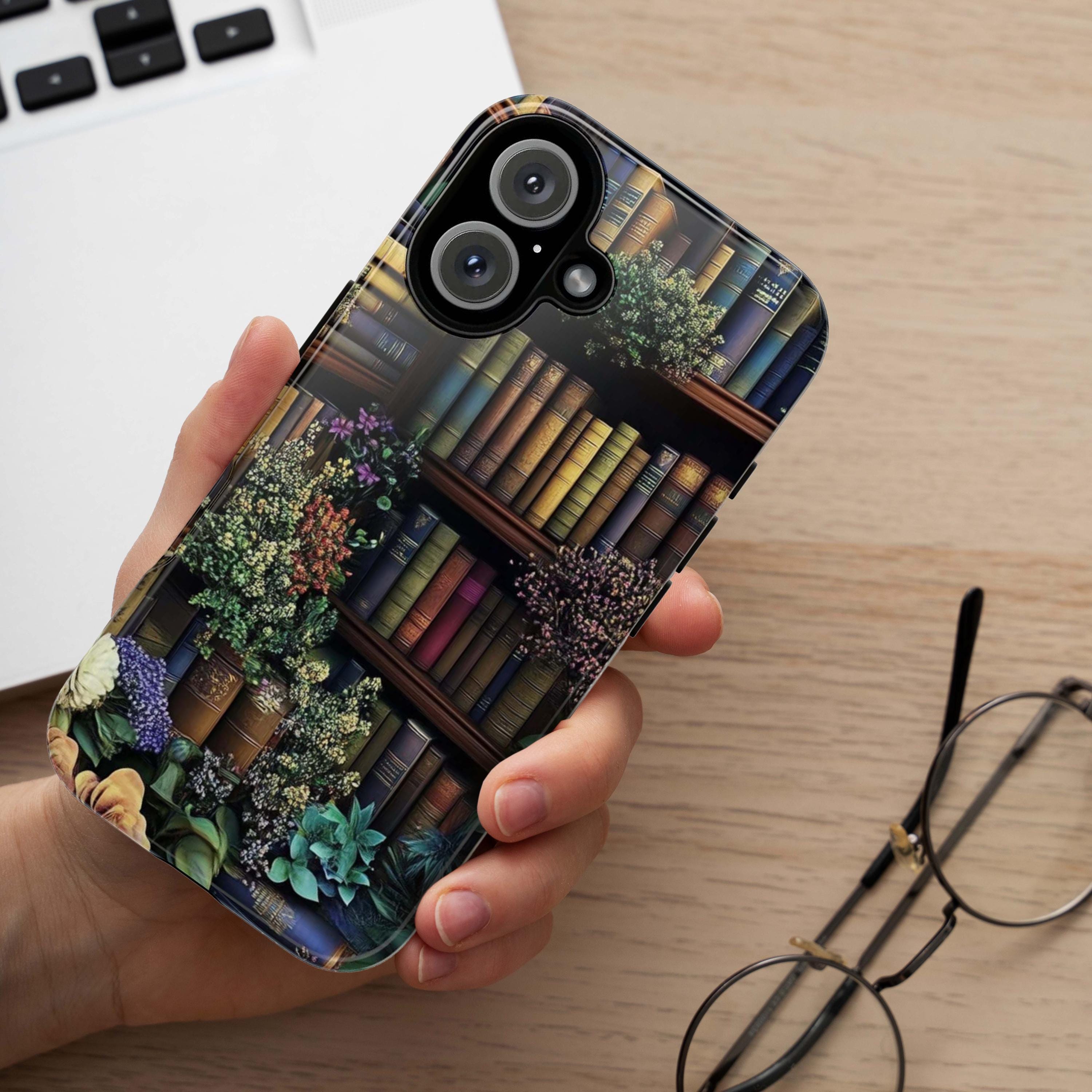 Floral & Library Phone Case, Botanical Plant Design Phone Case, Vintage Book Lover Cover for iPhone 16 15 Tough or Magsafe, Samsung, 423.31