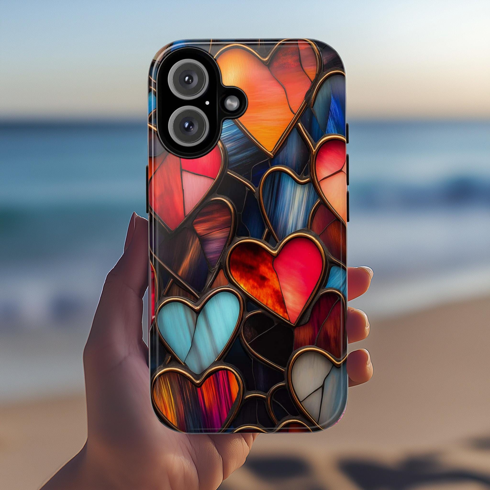 Stained Glass Hearts Phone Case, Valentines Day 3D Design, Perfect for Valentines Day Gift, Artistic Case for iPhone Magsafe, Samsung, 462.2