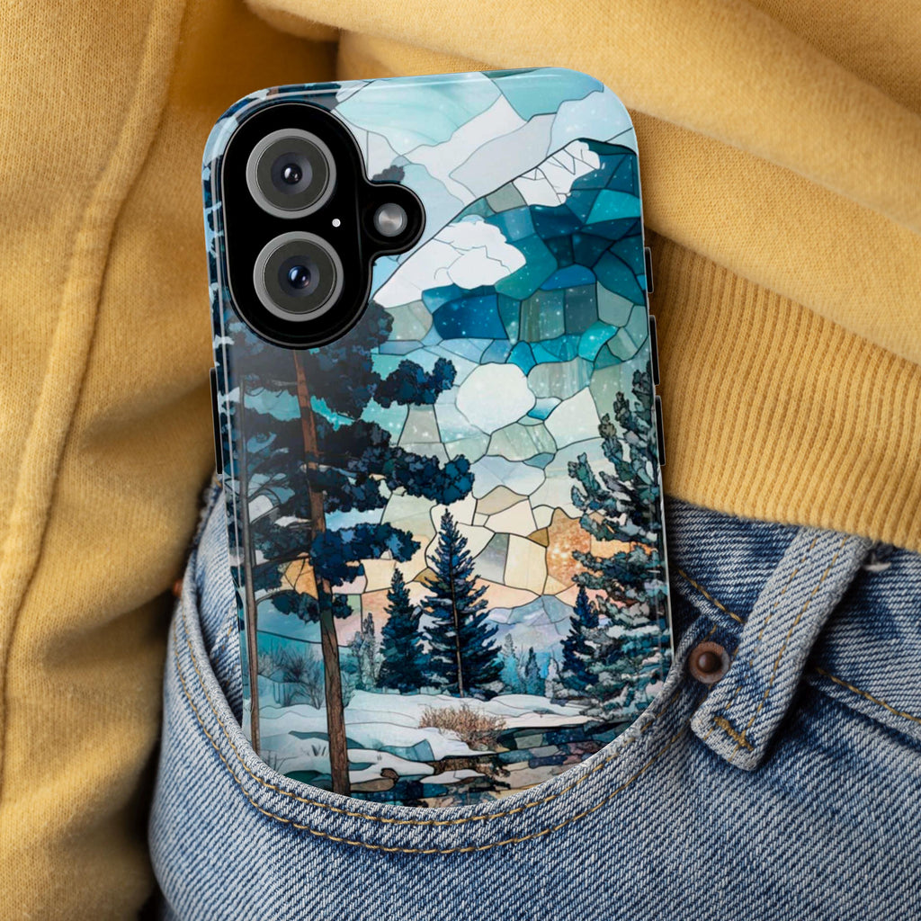 3D Winter Landscape Stained Glass Design Phone Case, Winter Forest Phone Cover for iPhone 15 14 13 12 11 8 Pro Max Plus, Samsung S25, 420.3