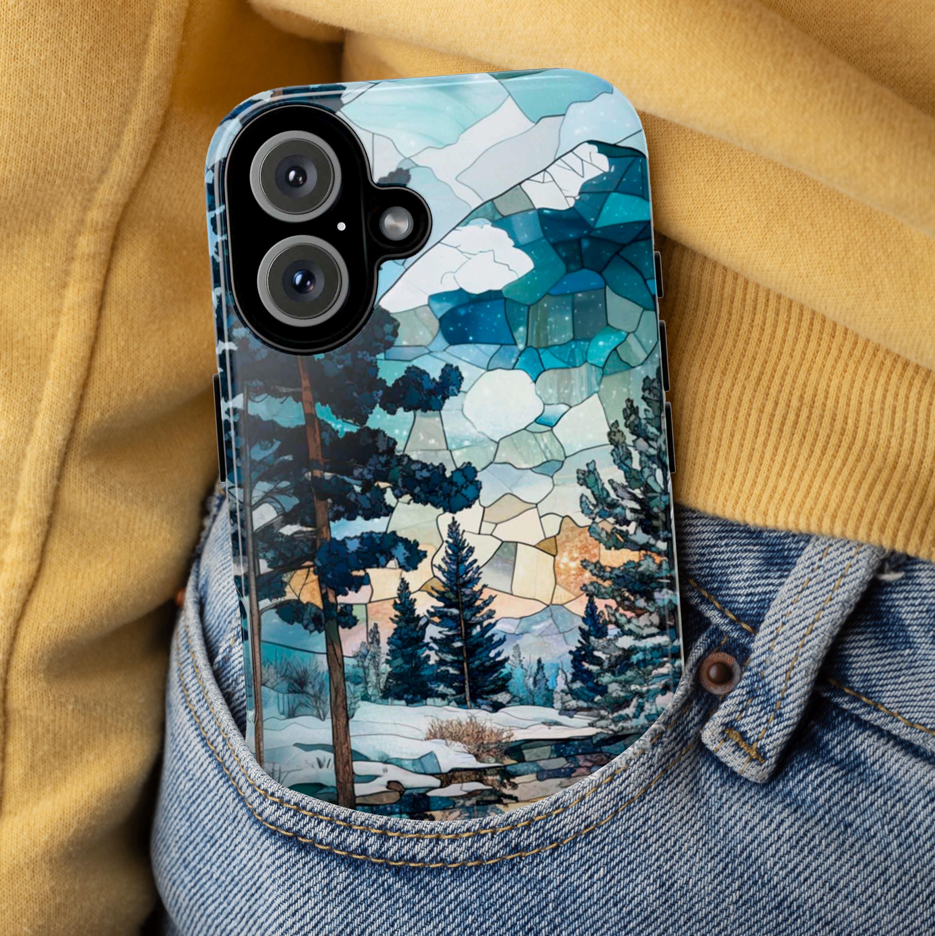 3D Winter Landscape Stained Glass Design Phone Case, Winter Forest Phone Cover for iPhone 15 14 13 12 11 8 Pro Max Plus, Samsung S25, 420.3