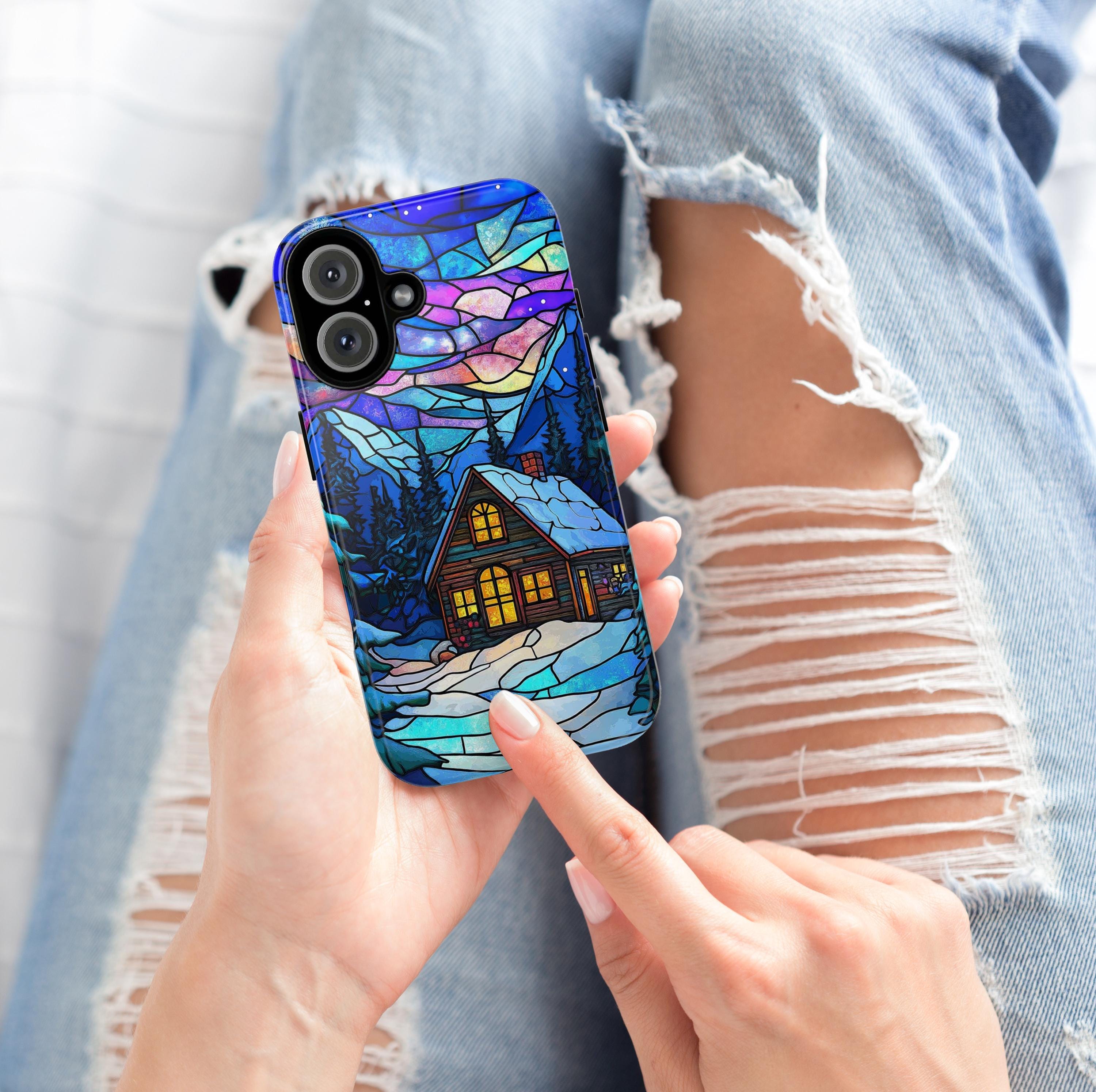 Winter Fairytale Stained Glass Landscape Phone Case, Christmas Holiday Phone Cover for iPhone 15 14 13 12 Pro Max Plus, Galaxy S25, 417.1