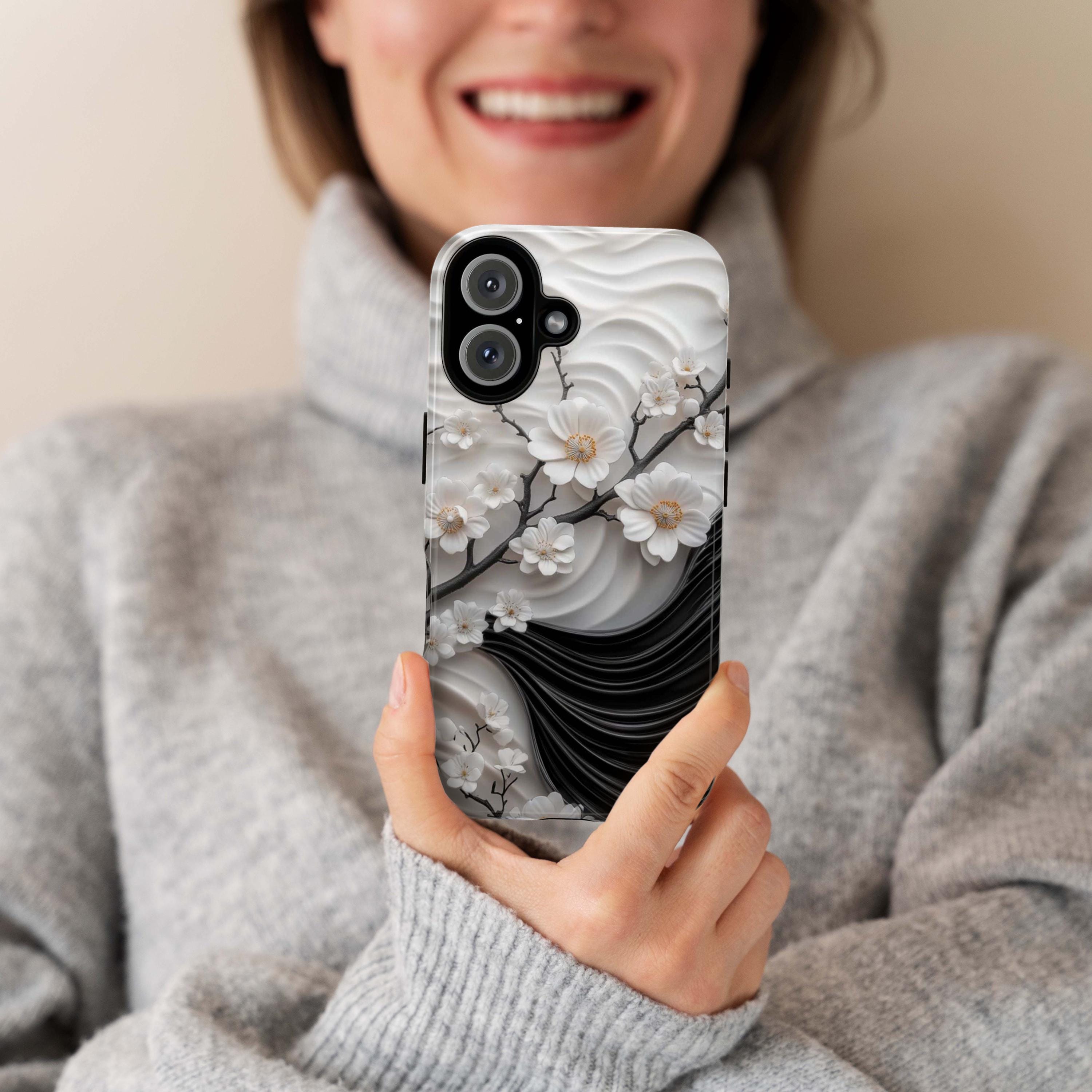 Cherry Blossom 3D Elegant Phone Case, Black White Japanese Art Cover, Floral Sakura Case for iPhone 16 15 14 13, Samsung S25, 469.1