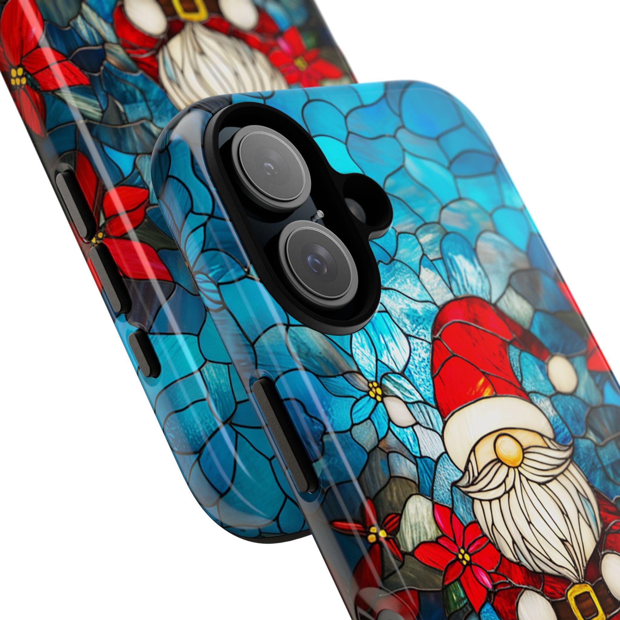 Holiday Santa & Poinsettia Stained Glass Winter Phone Case, Xmas Gnome and Floral Design MagSafe for iPhone 16 15 14 13, Samsung S24, 427.7