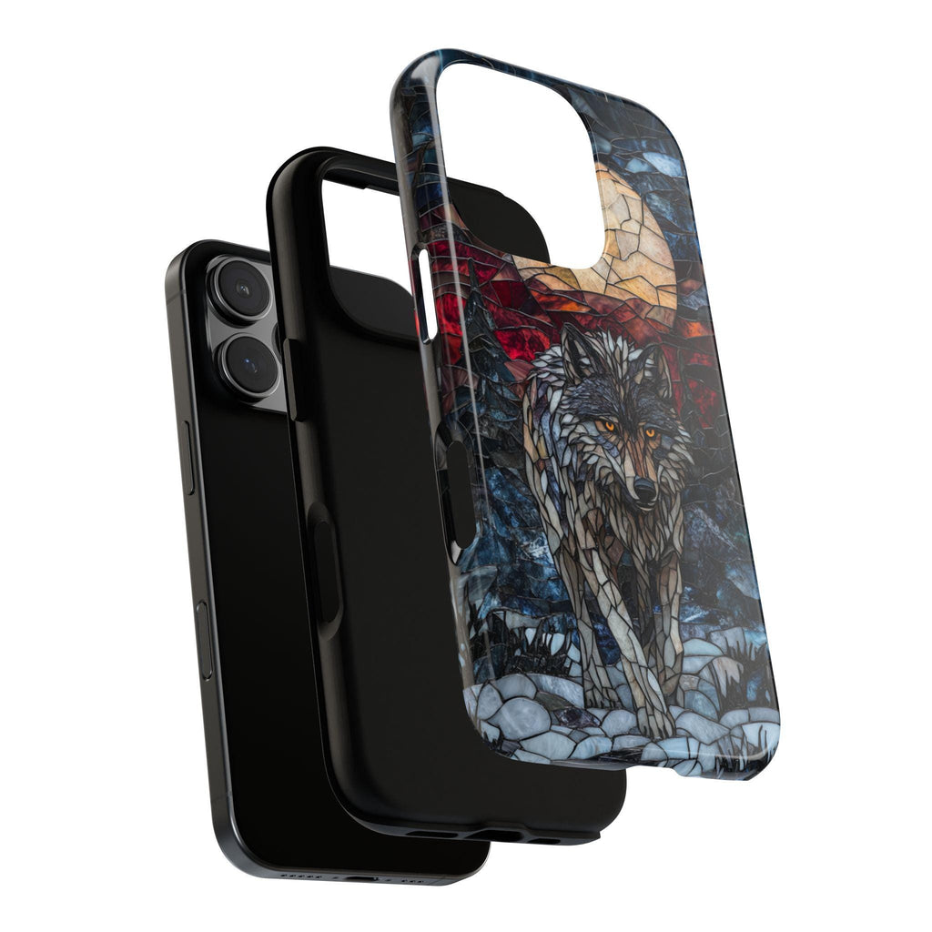Stained Glass Fantasy Wolf Phone Case, Dark Gothic Phone Cover for iPhone 16 15 14 13 Tough or Magsafe Samsung Galaxy S24, 421.10