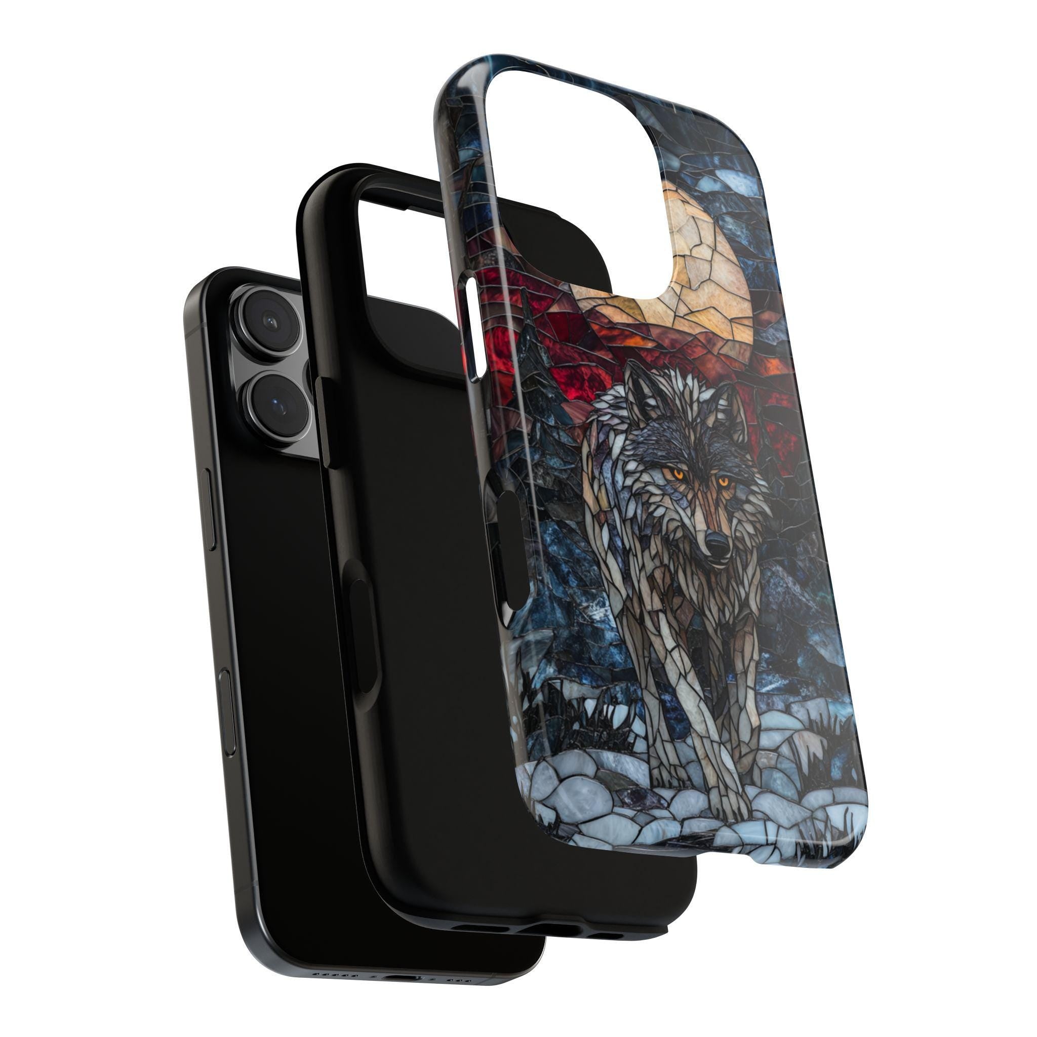 Stained Glass Fantasy Wolf Phone Case, Dark Gothic Phone Cover for iPhone 16 15 14 13 Tough or Magsafe Samsung Galaxy S24, 421.10