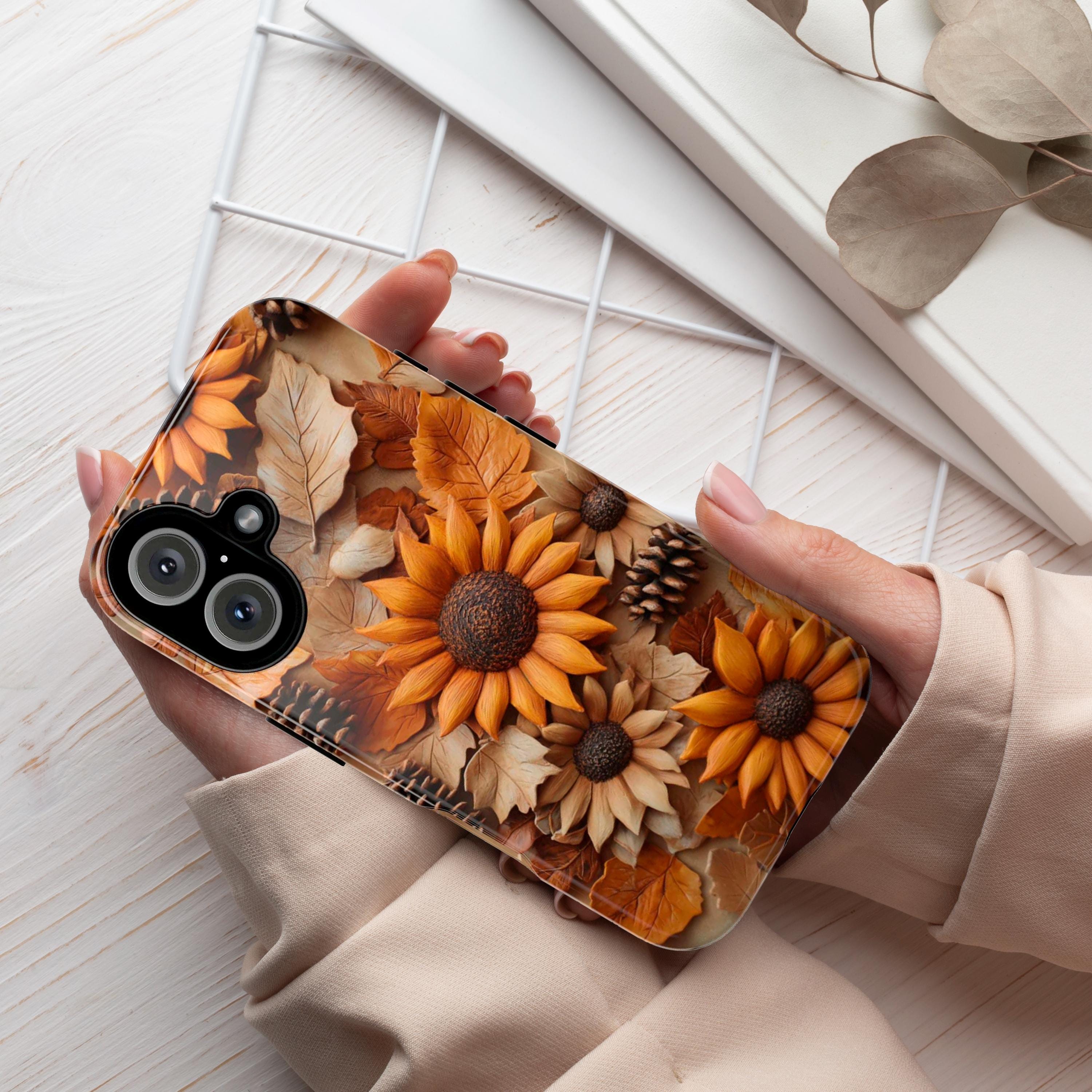 3D Sunflower Art Phone Case, Pastel Artistic Bloom Design for iPhone 16 15 14 13 Pro Max Plus Magsafe, Samsung S24, 439.6
